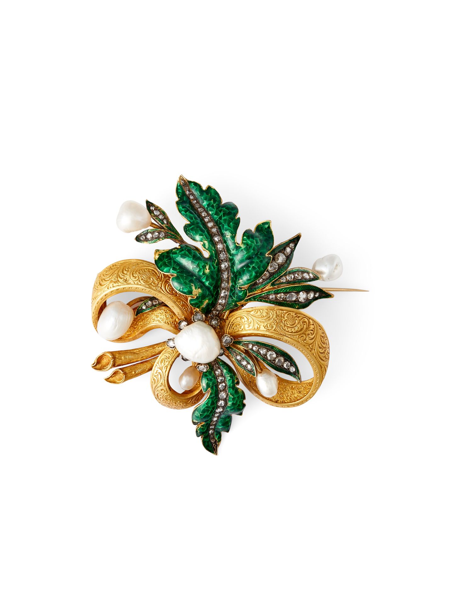 Null LEOPOLD I国王赠予的珐琅彩花纹手镯 18K黄金，绿色珐琅彩花纹，镶有6颗巴洛克珍珠（可能是天然的）和玫瑰切割钻石。原装在印有IM的盒子里，上面&hellip;