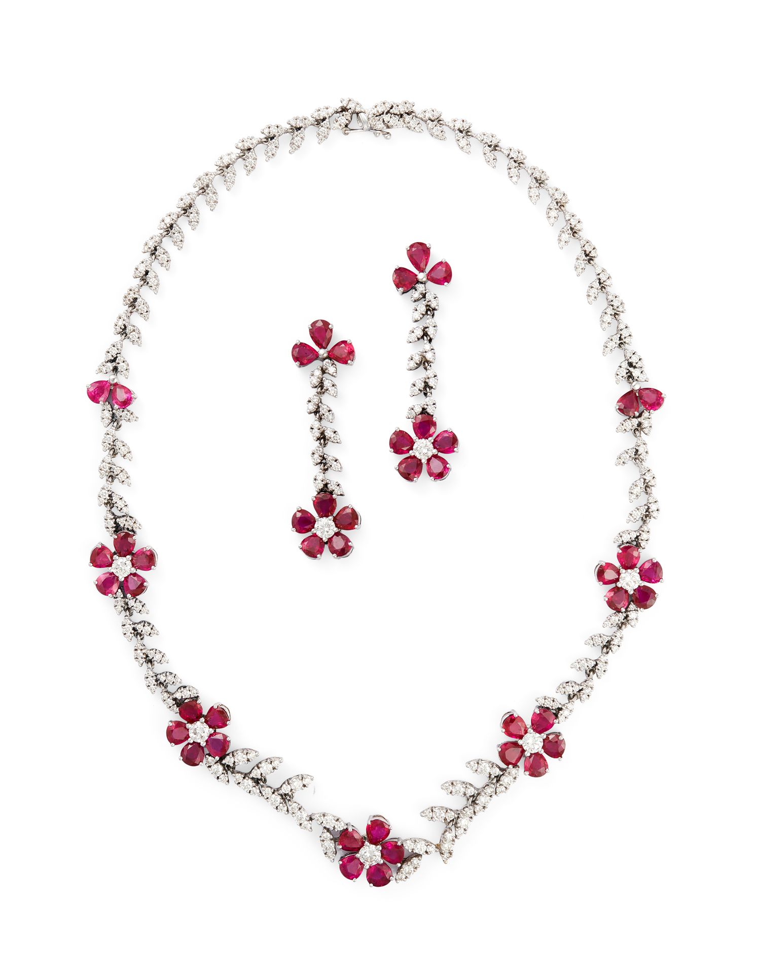 Null RUBY AND DIAMOND DEMI-PARURE In 18K white gold, comprising a necklace and a&hellip;