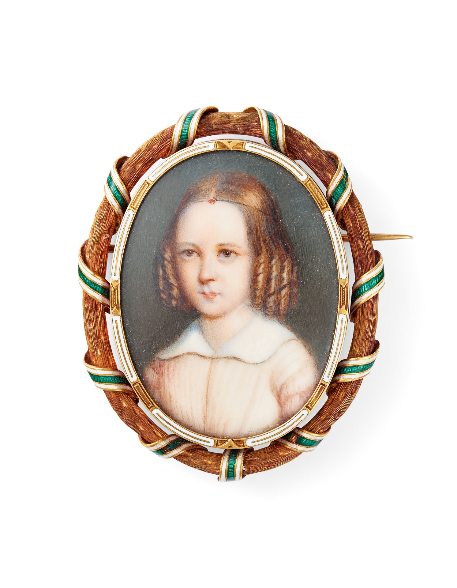 Null 小型肖像胸针 18K粉金框架，绿色和白色珐琅。

19世纪

印记：无

尺寸：5,5 x 4,5 cm - Tw:20 g