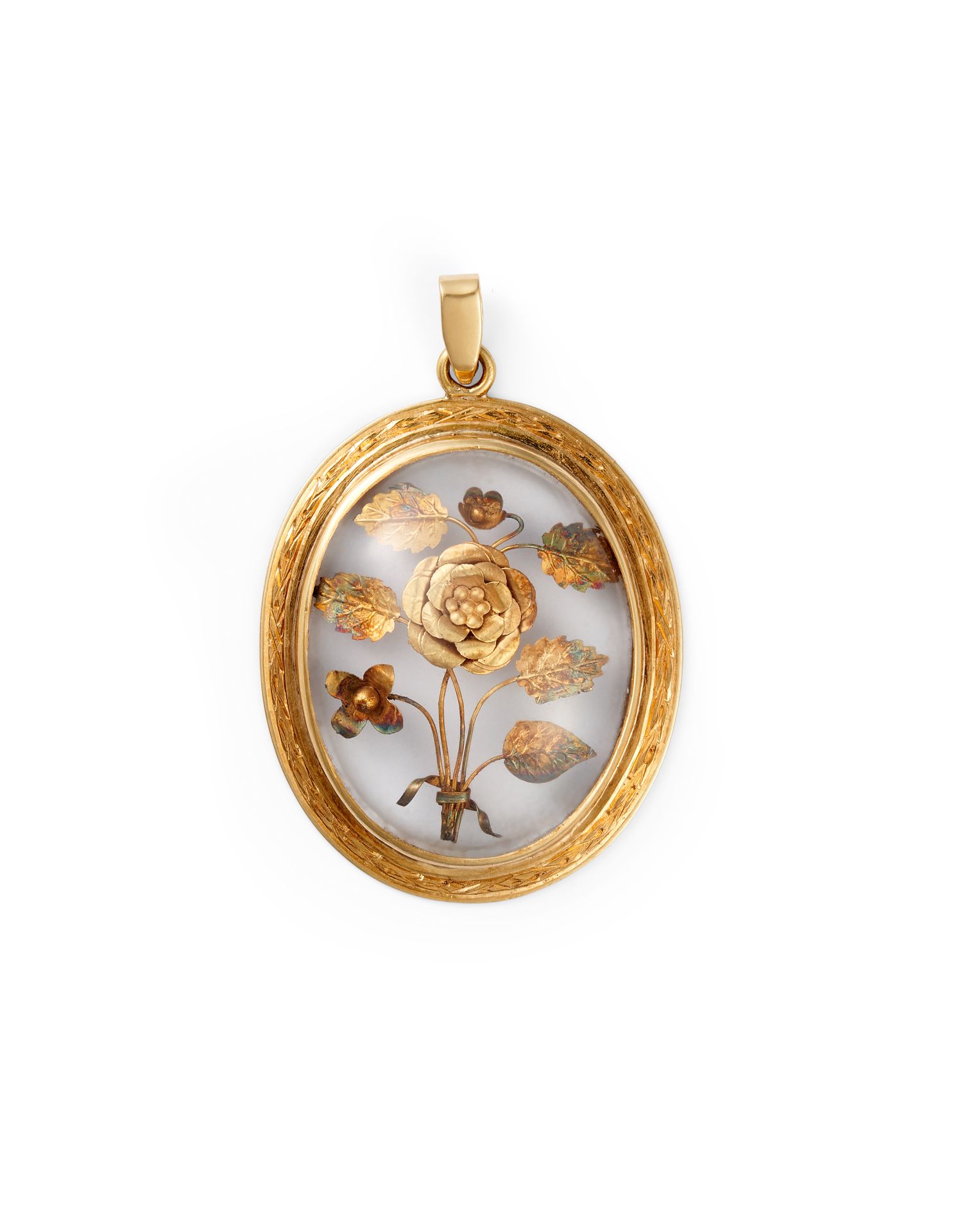 Null FLORAL MEDALLION In 18K yellow gold, enclosing a flower bouquet under a cry&hellip;