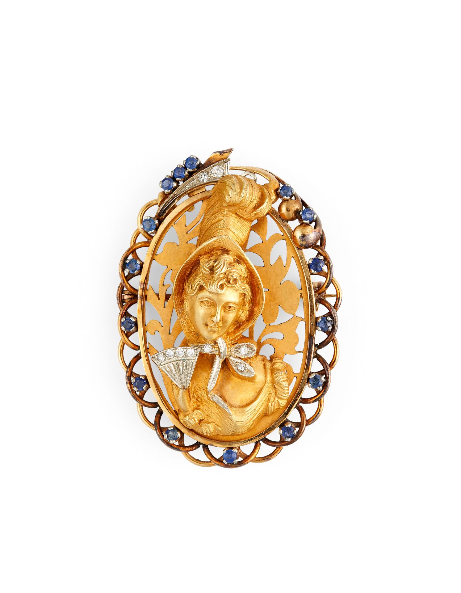 Null 吊坠-布鲁赫 18K黄金，描绘了一位手持扇子的女士，扇子上镶嵌着明亮式切割钻石，框架上镶嵌着蓝宝石和明亮式切割钻石。

印记。意大利，750

尺寸：&hellip;