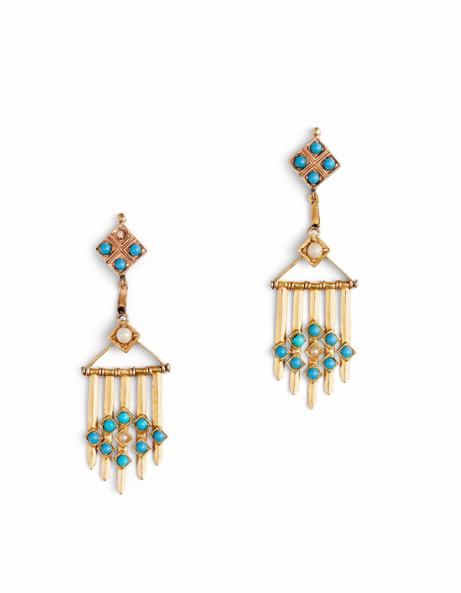 Null NAPOLEON III TURQUOISE EARRINGS In 18K yellow gold, each with 5 tassels set&hellip;