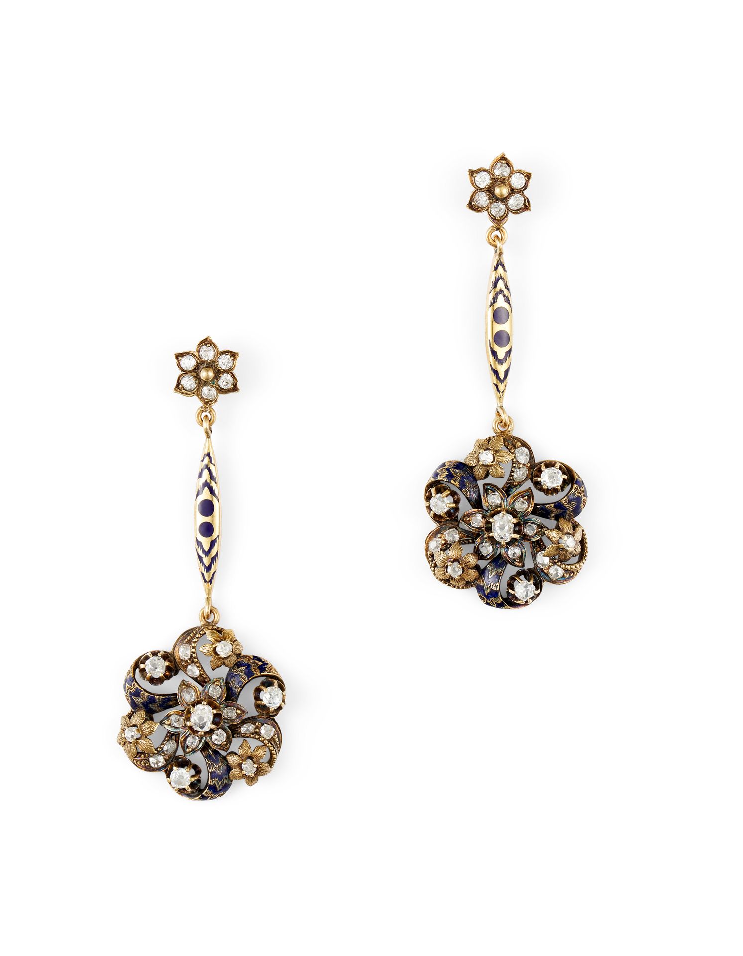 Null 珐琅耳环 18K黄金，镶嵌玫瑰式切割钻石和蓝色珐琅。

印记：无

尺寸：5厘米 - Tw:10,6 g