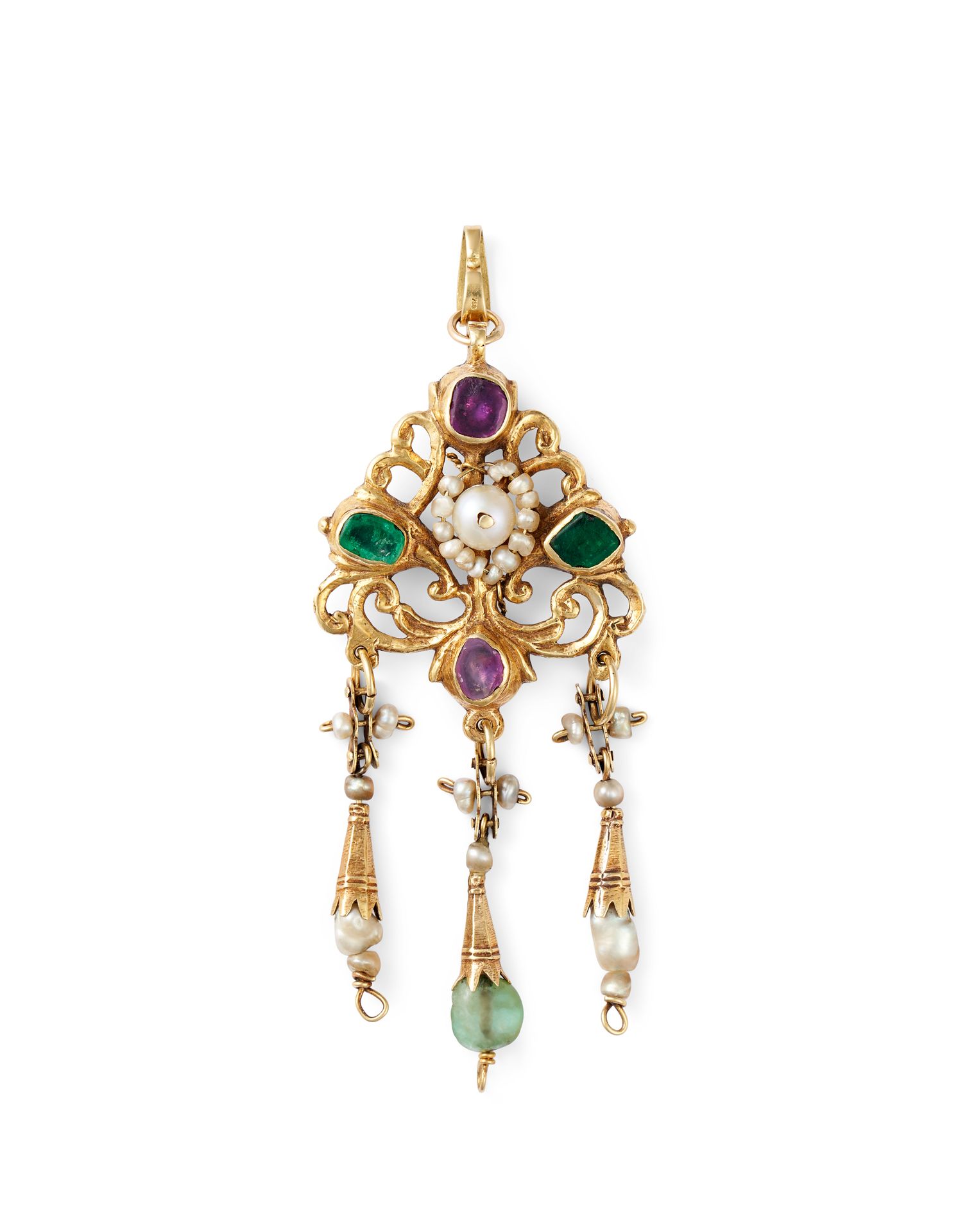 Null 奥地利-匈牙利吊坠 18K黄金，镶有2颗绿宝石、2颗紫水晶和珍珠。

印记：无

尺寸：8厘米 - Tw:33 g