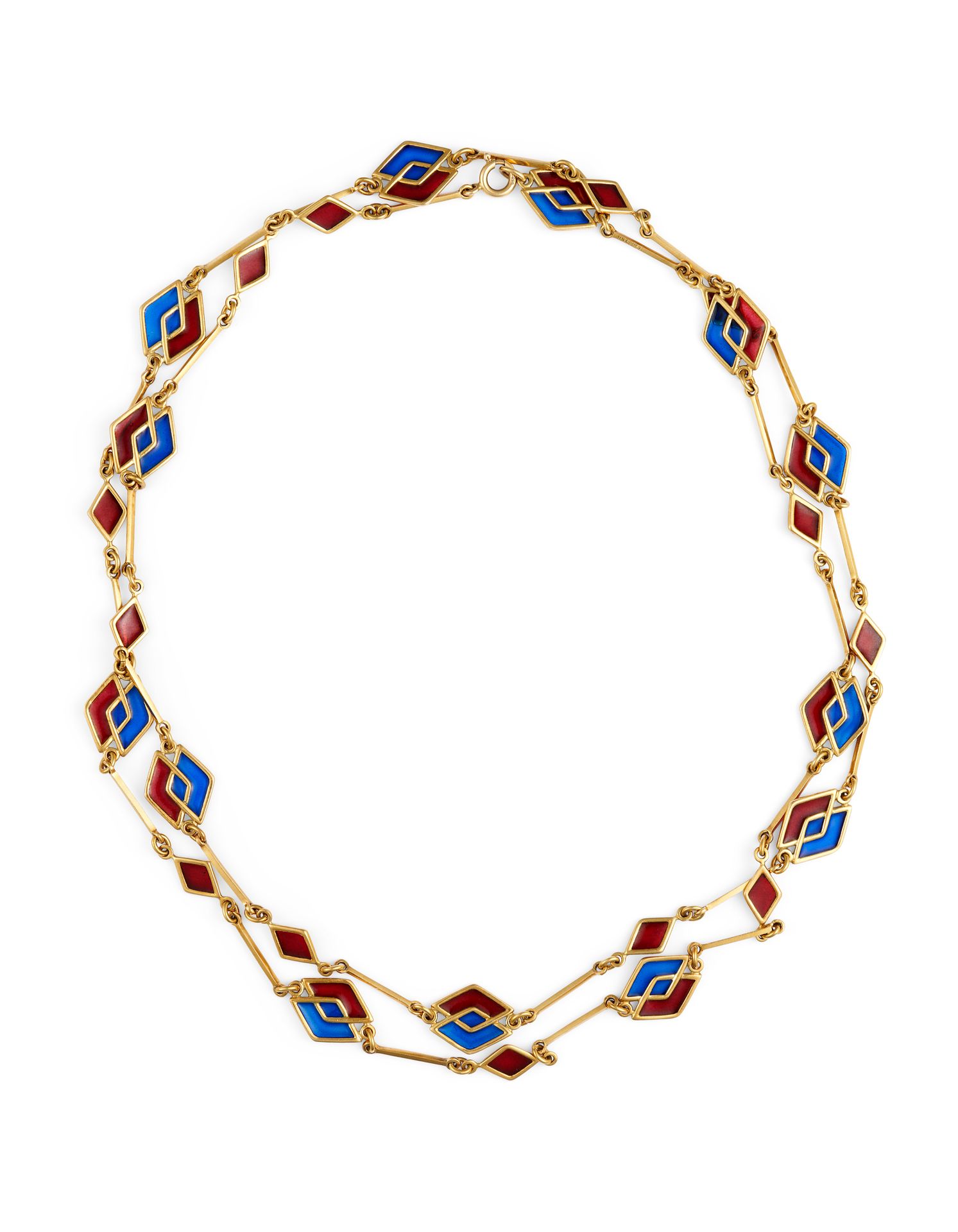 Null 1970年代 长项链 18K黄金，蓝色和红色的日用珐琅图案。

印章。意大利，750，AL 752

尺寸：55厘米 - Tw:52 g