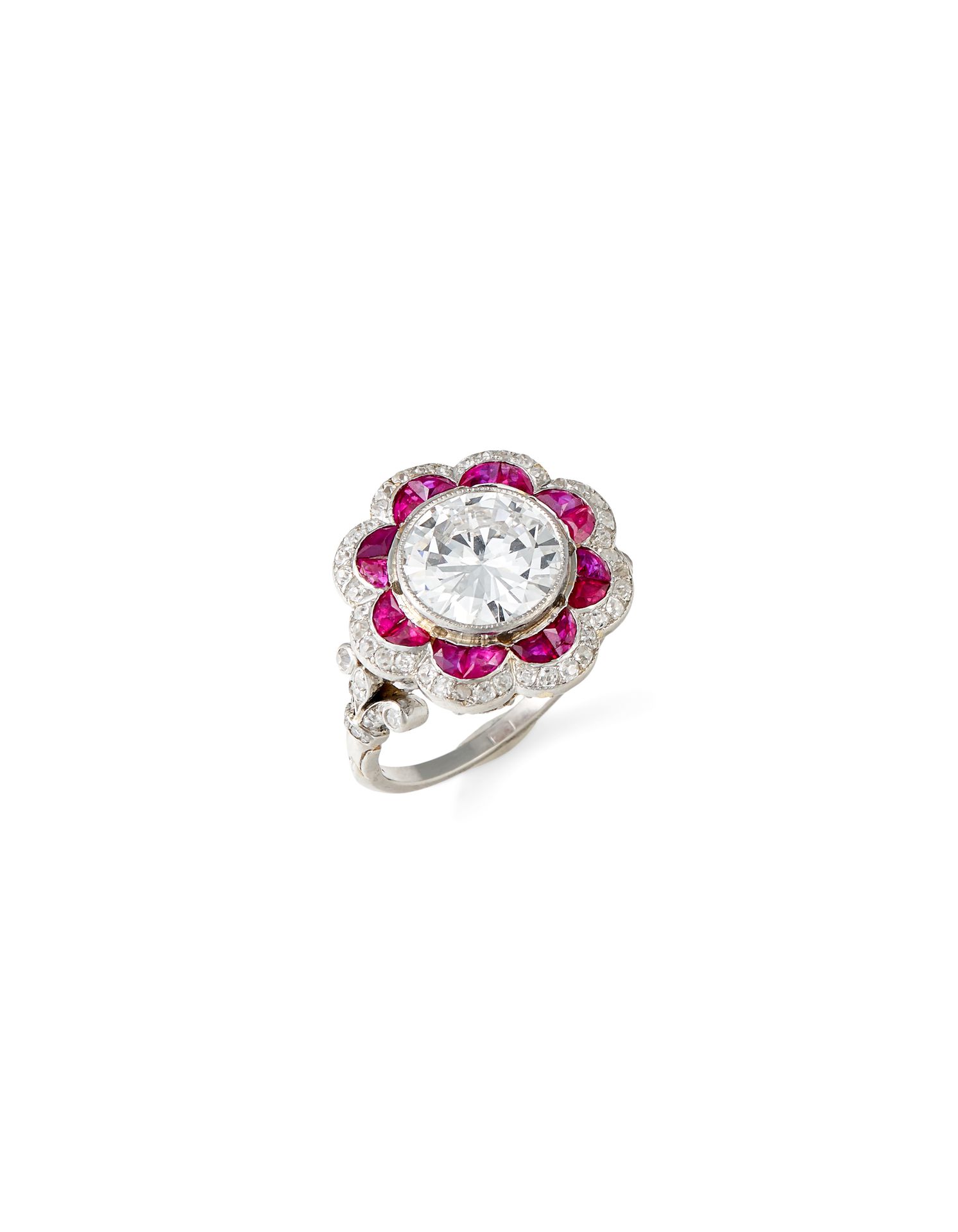 Null DIAMOND AND RUBY RING In platinum, set with a semi old cut diamond 2,58 ct &hellip;