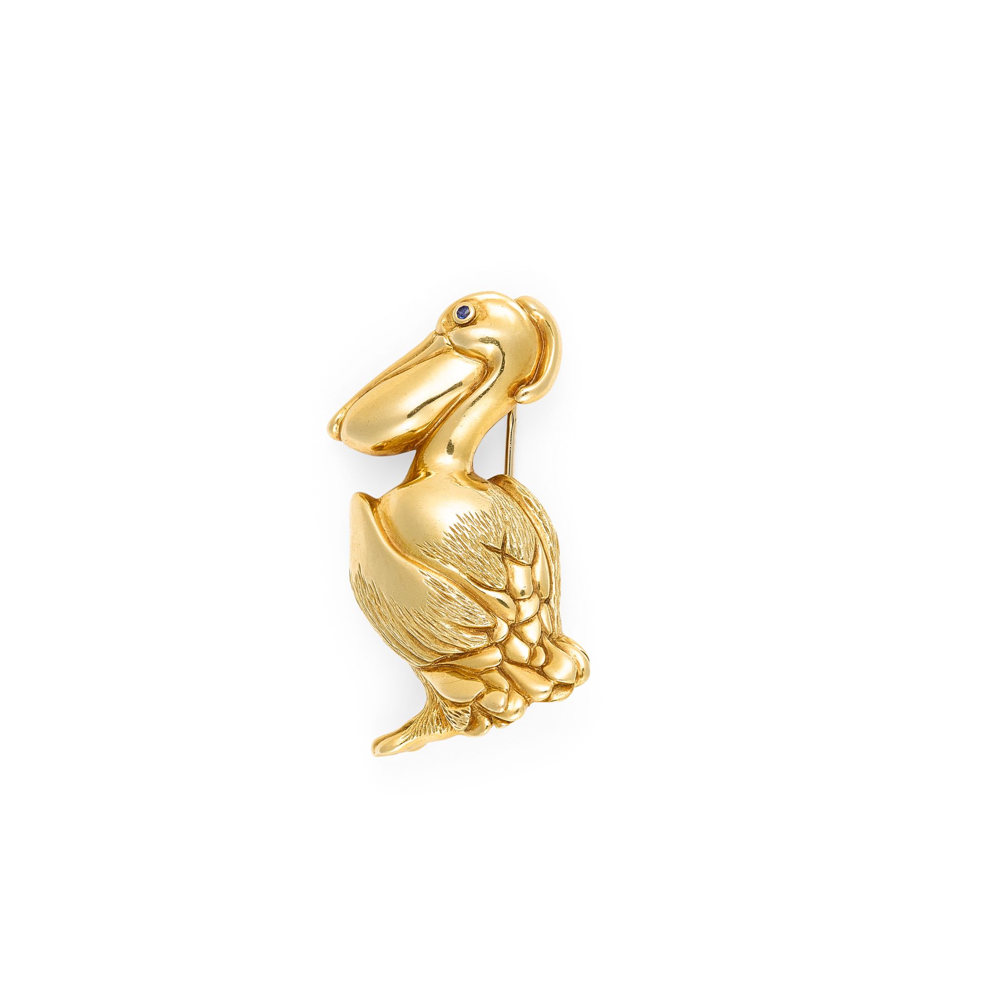 BROCHE HERMÈS 18K黄金材质 
以一只鹈鹕为主题 
眼睛里镶嵌着一颗小蓝宝石
双针系统
标有鹰头的标志 
镌刻的巴黎爱马仕签名 
尺寸：5 x 2&hellip;