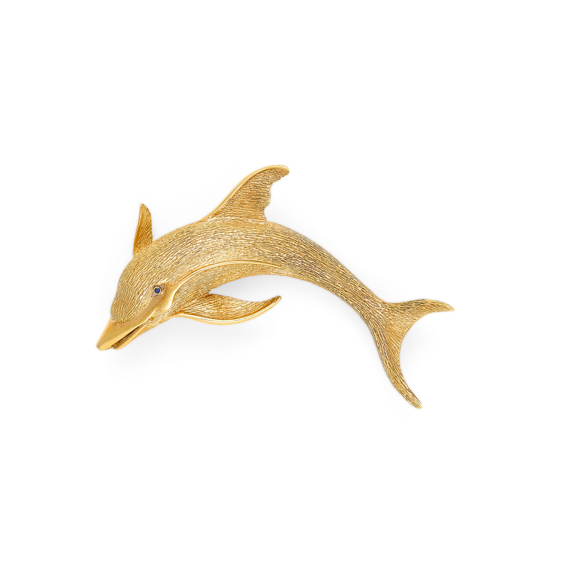 BROCHE HERMÈS 18K黄金材质 
以海豚为主角 
眼中有一颗小蓝宝石
标有鹰头图案，编号44694
镌刻的巴黎爱马仕签名 
尺寸：7 x 5 cm &hellip;