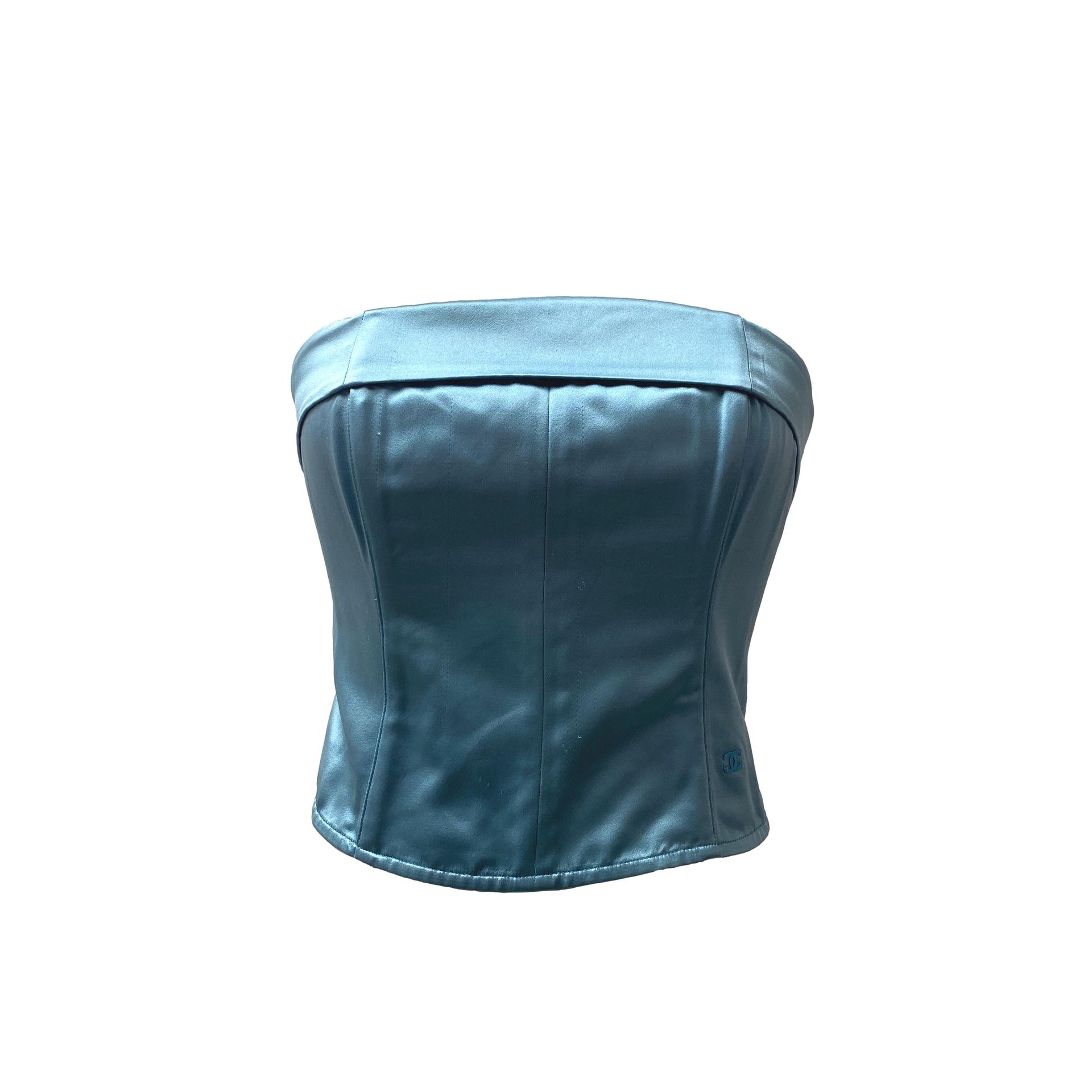 CHANEL Sky blue silk corset, blue metal logo stitched …