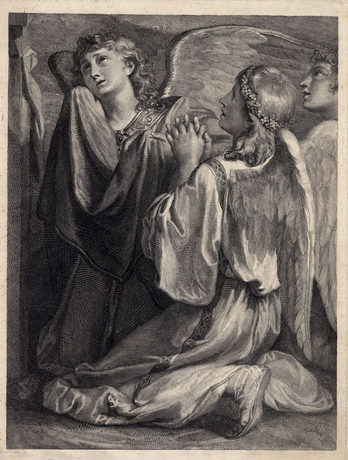 Wicar? 天使在十字架上祈祷，1780年，/描述。 天使在十字架前祈祷，1780年。由Wicar制作的雕刻。大型雕刻品，状况非常好。标题刻制前的证明。印刷在&hellip;