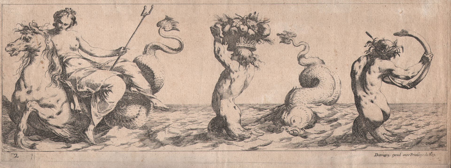 Pierre Brebiette (1608-1650) 皮埃尔-布雷贝特(Pierre Brebiette)(署名) - 海马上的维纳斯与三叉戟和海豚/描述。&hellip;