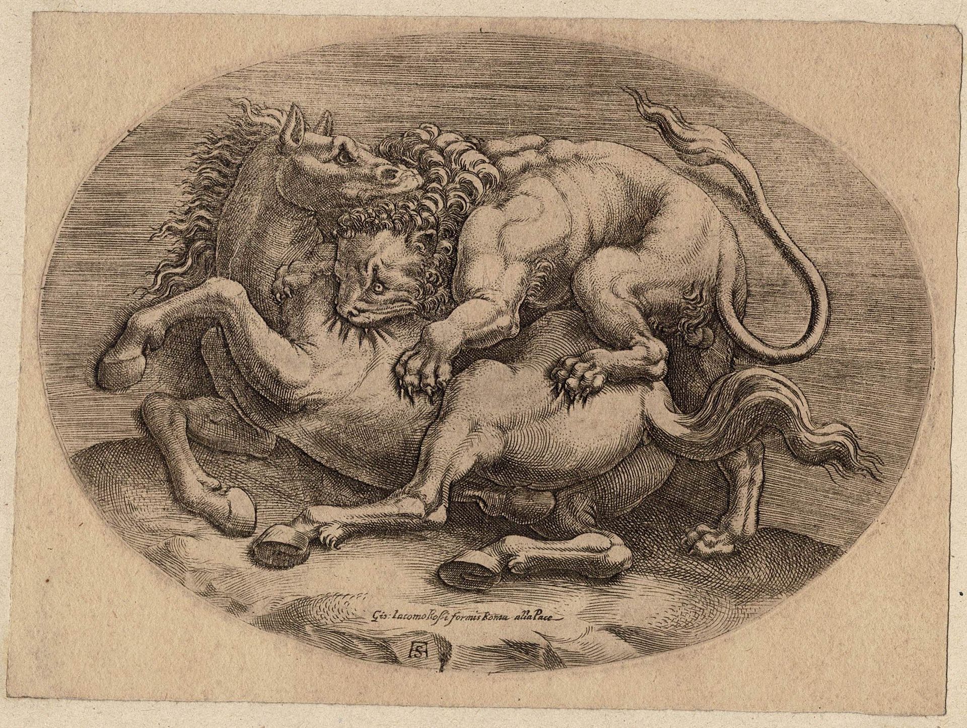 Adamo Scultori Ghisi (1530-1587) Adamo Scultori Ghisi，狮子攻击马。 /描述。 阿达莫-斯库尔托里-吉西（1&hellip;