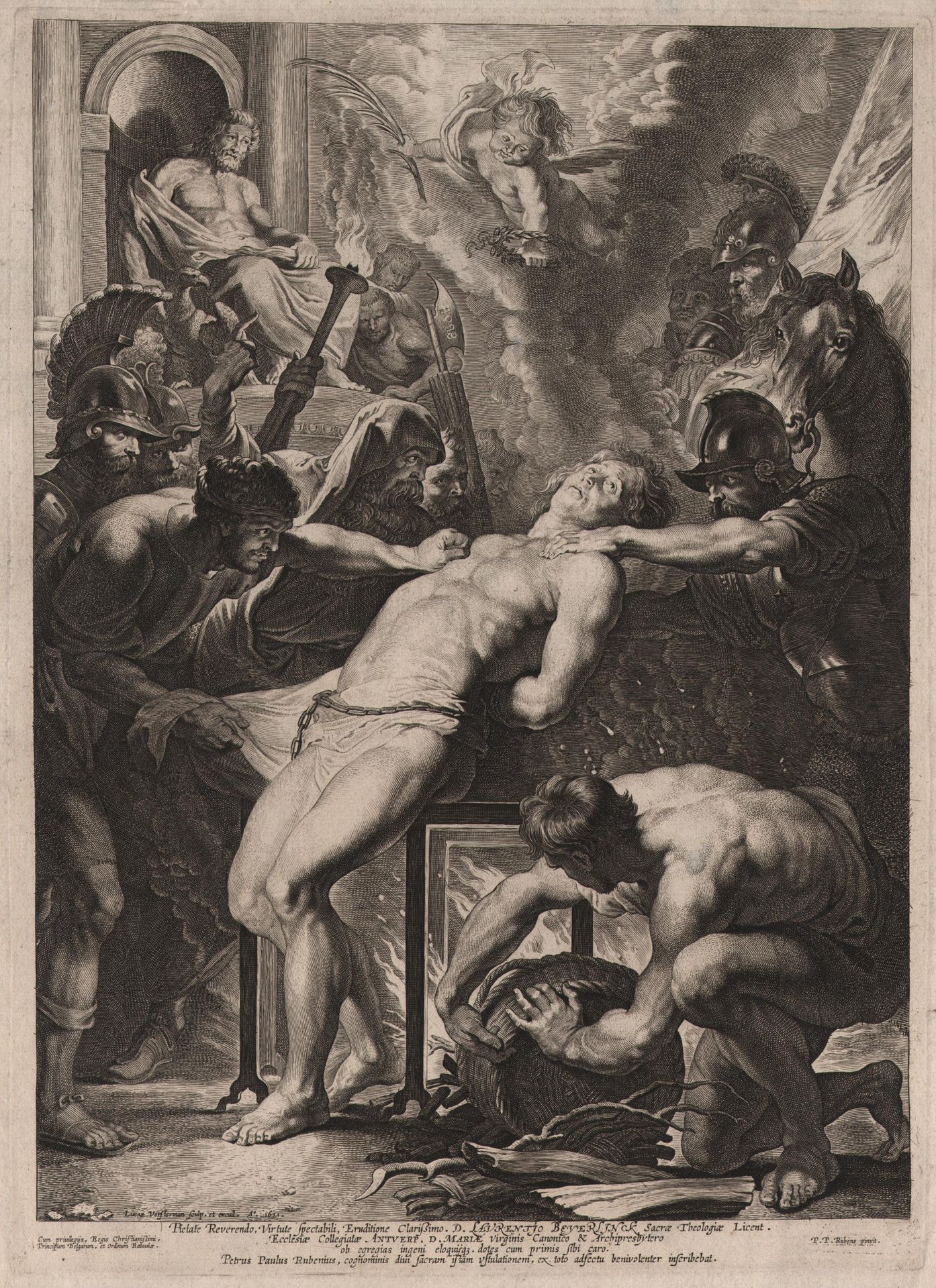 Lucas Vosterman I (1595-1675) 卢卡斯-沃斯特曼--圣劳伦斯的殉难/描述。 圣劳伦斯的殉难；圣劳伦斯被两个施刑者推到铁架上烤，前景是&hellip;