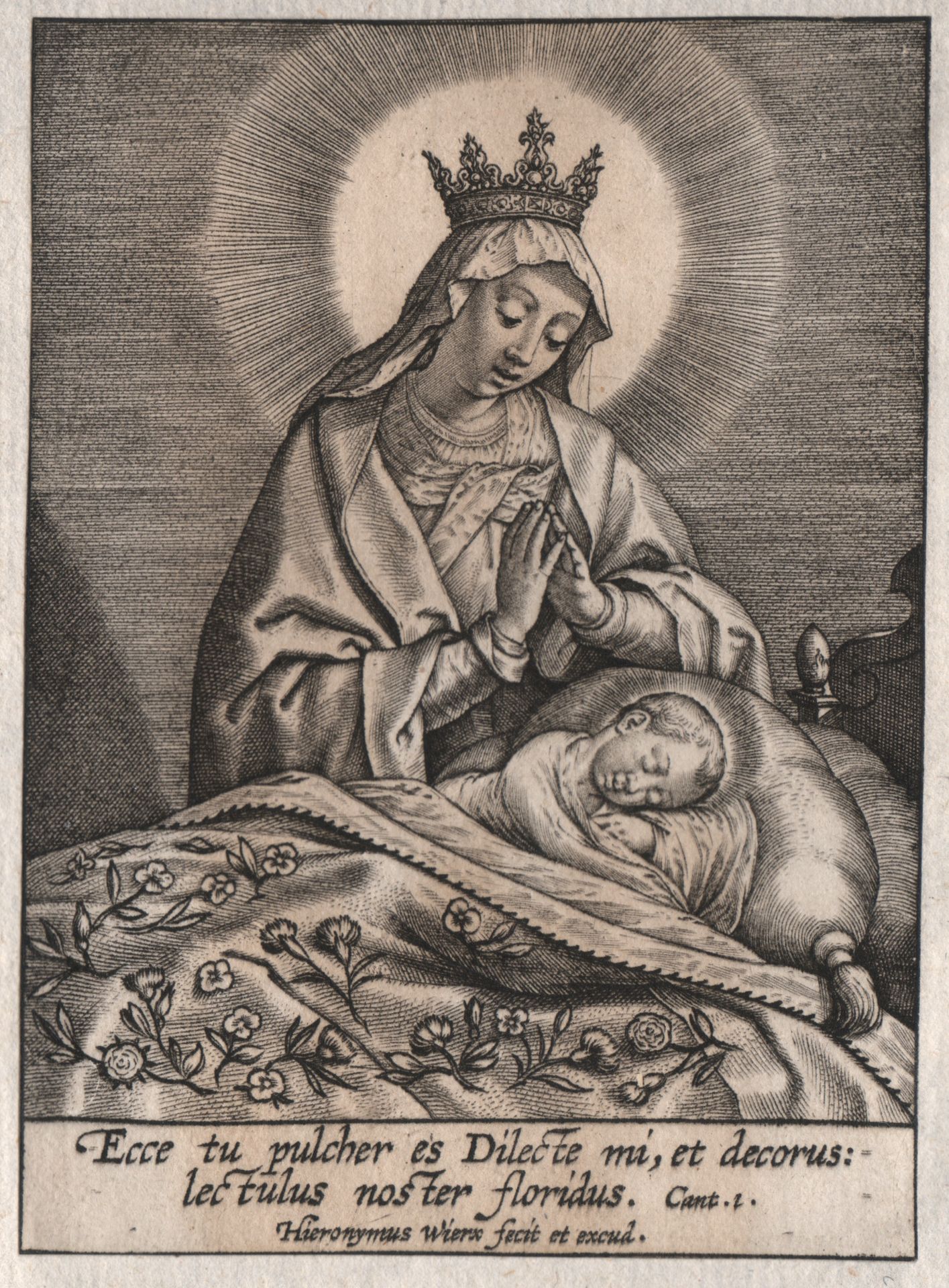 Hieronymous Wierix (1553-1619) 希尔尼姆-维利克斯(1553-1619)--圣母和沉睡的孩子/描述。 圣母和沉睡的孩子；戴着皇冠的&hellip;