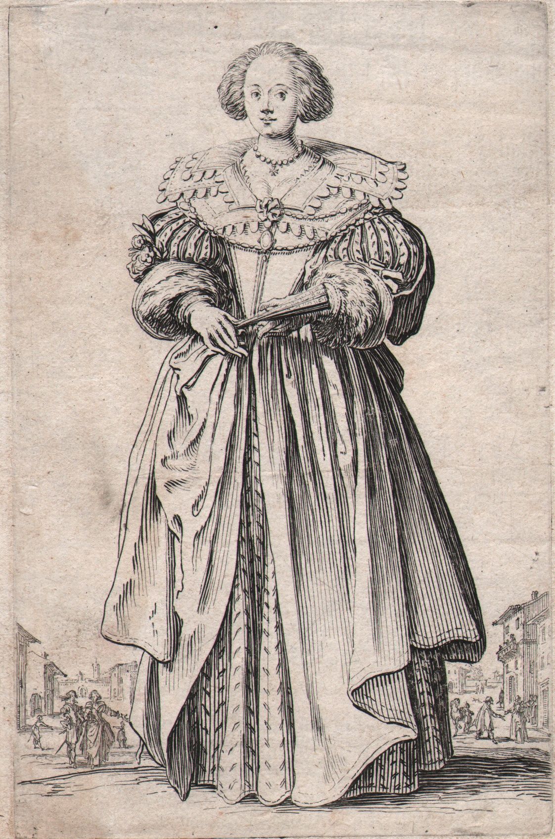 Jacques Callot (1592-1635) 雅克-卡洛（1592-1635）--《贵族》，手持扇子的优雅女子/描述。 站立的女人，穿着优雅，双手放在腰&hellip;