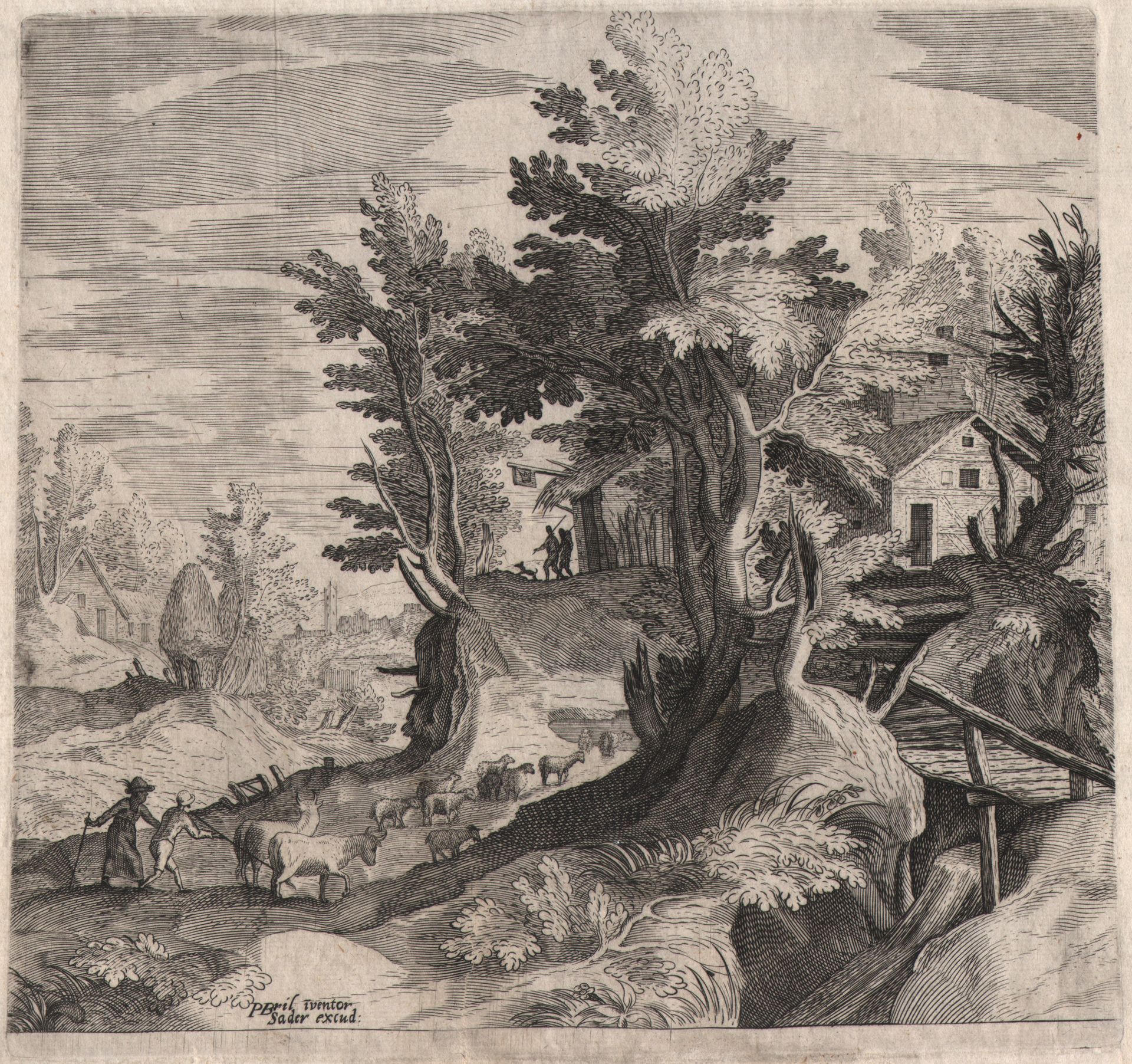 Joan Sadeler I (1550-1600) 保罗-布里尔（1553-1626）--萨德勒出版的风景画/描述。 一个有一些树木的风景。两个牧羊人赶着一群&hellip;