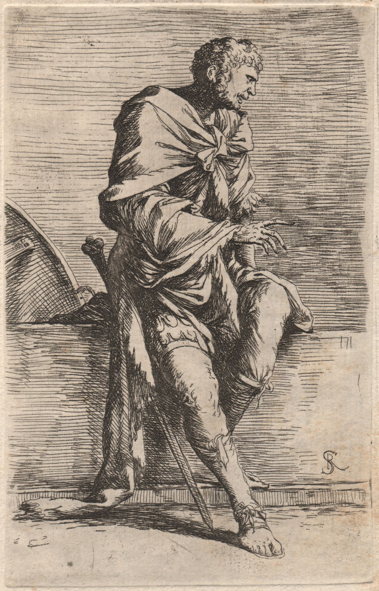 Salvator Rosa (1615-1673) 萨尔瓦托-罗萨(1615-1673) - 塑像；坐在矮墙上的战士/描述。 雕像系列的原始印象；一个坐在矮墙上&hellip;