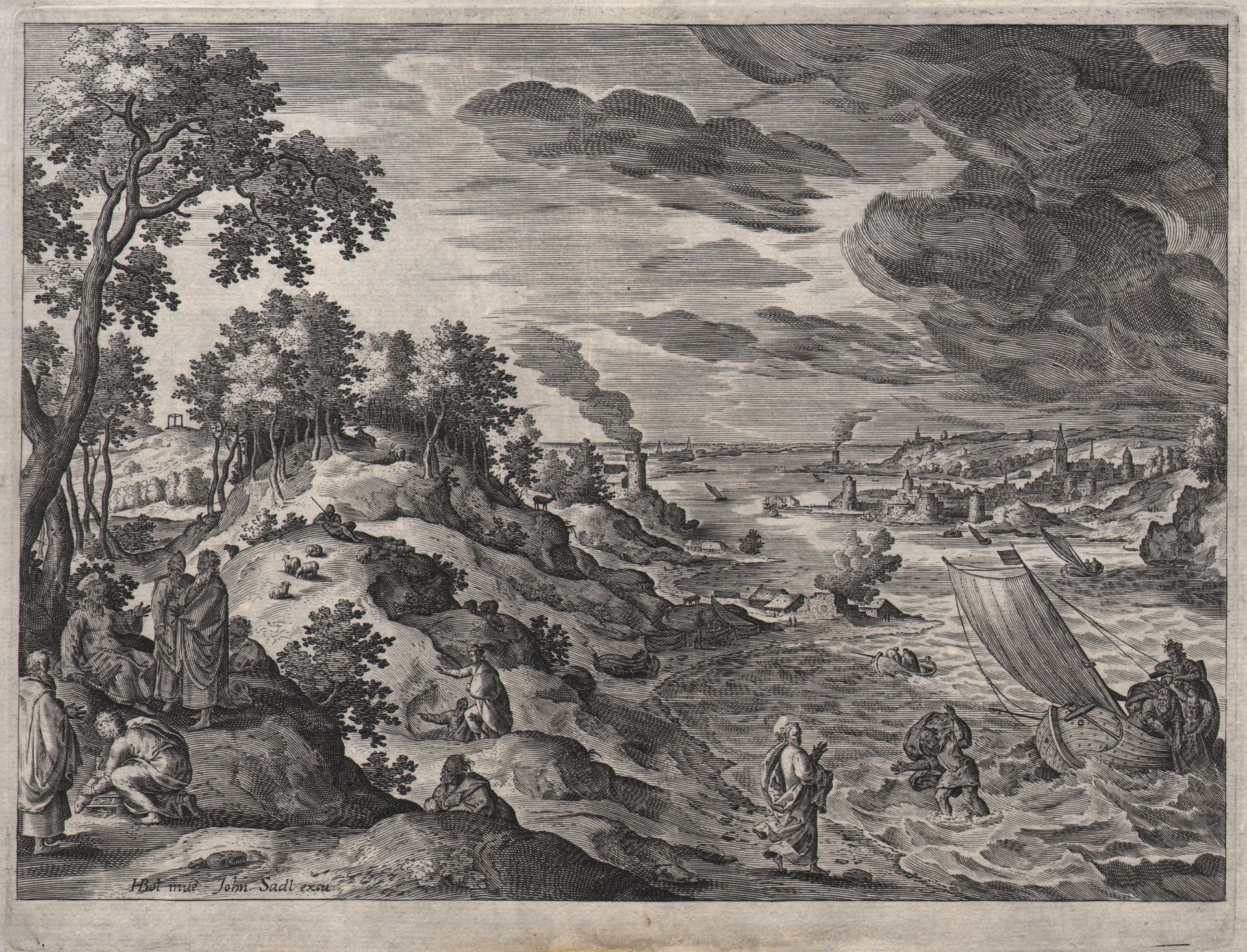 Joan Sadeler I (1550-1600) 汉斯-波尔-彼得在水上行走的河景/描述。 沿海风景。左边的前景是基督和他的门徒。基督就站在海滩上，叫渔夫彼&hellip;