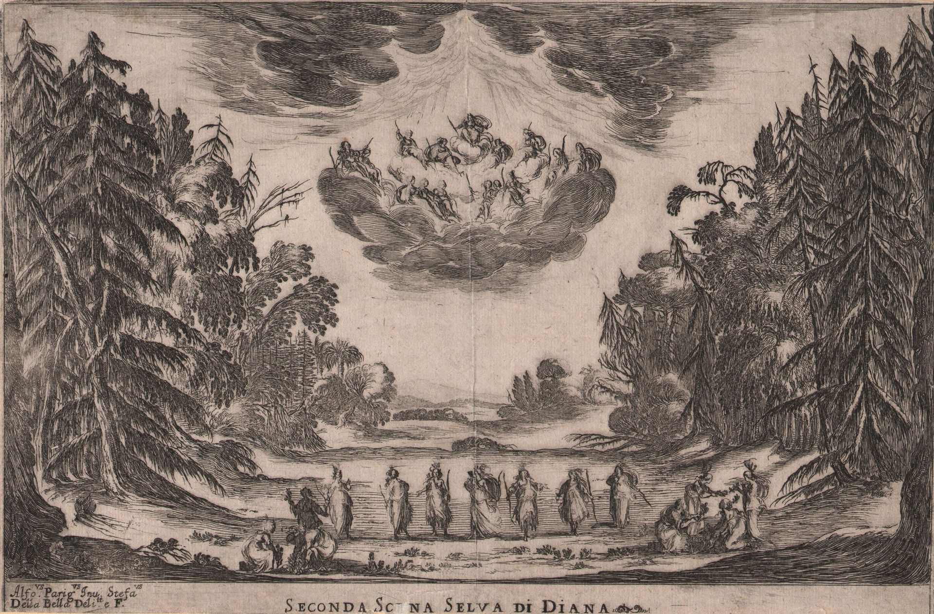 Stefano della BELLA (1610-1664) 德拉-贝拉--《戴氏之歌》/《戴安娜之歌》/描述。 芭蕾舞在一片森林空地上，左右两边都是松树；中&hellip;