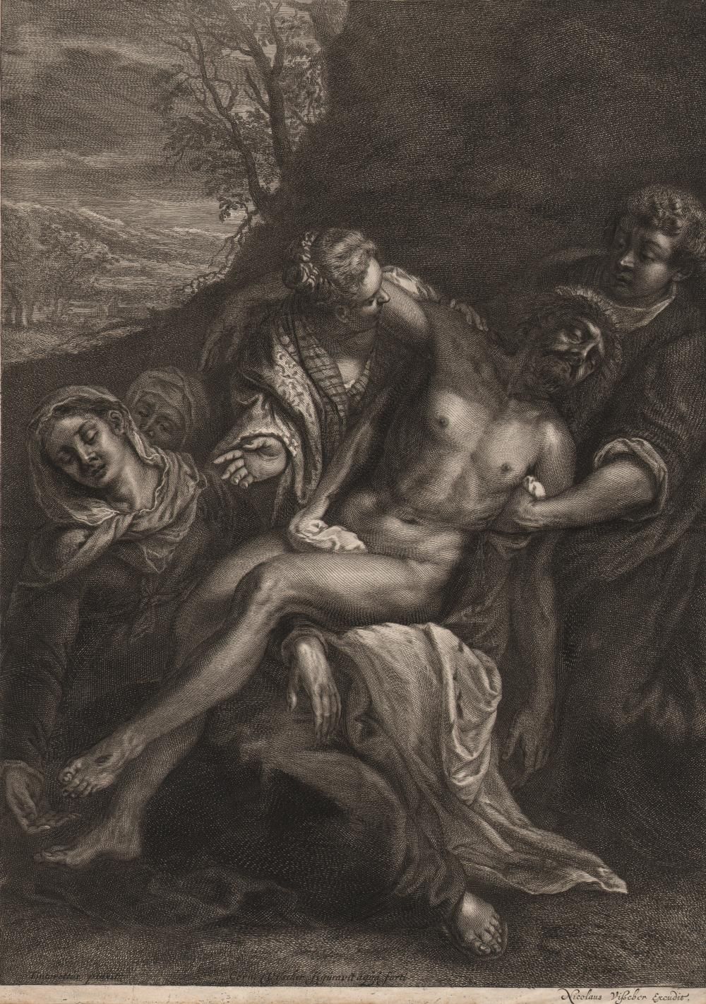 Cornelis Visscher (1628-1658) 科内利斯-维舍尔-丁托列托的《皮埃塔》/描述。 Pièta；一个男性人物支撑着没有生命的基督的身体，&hellip;