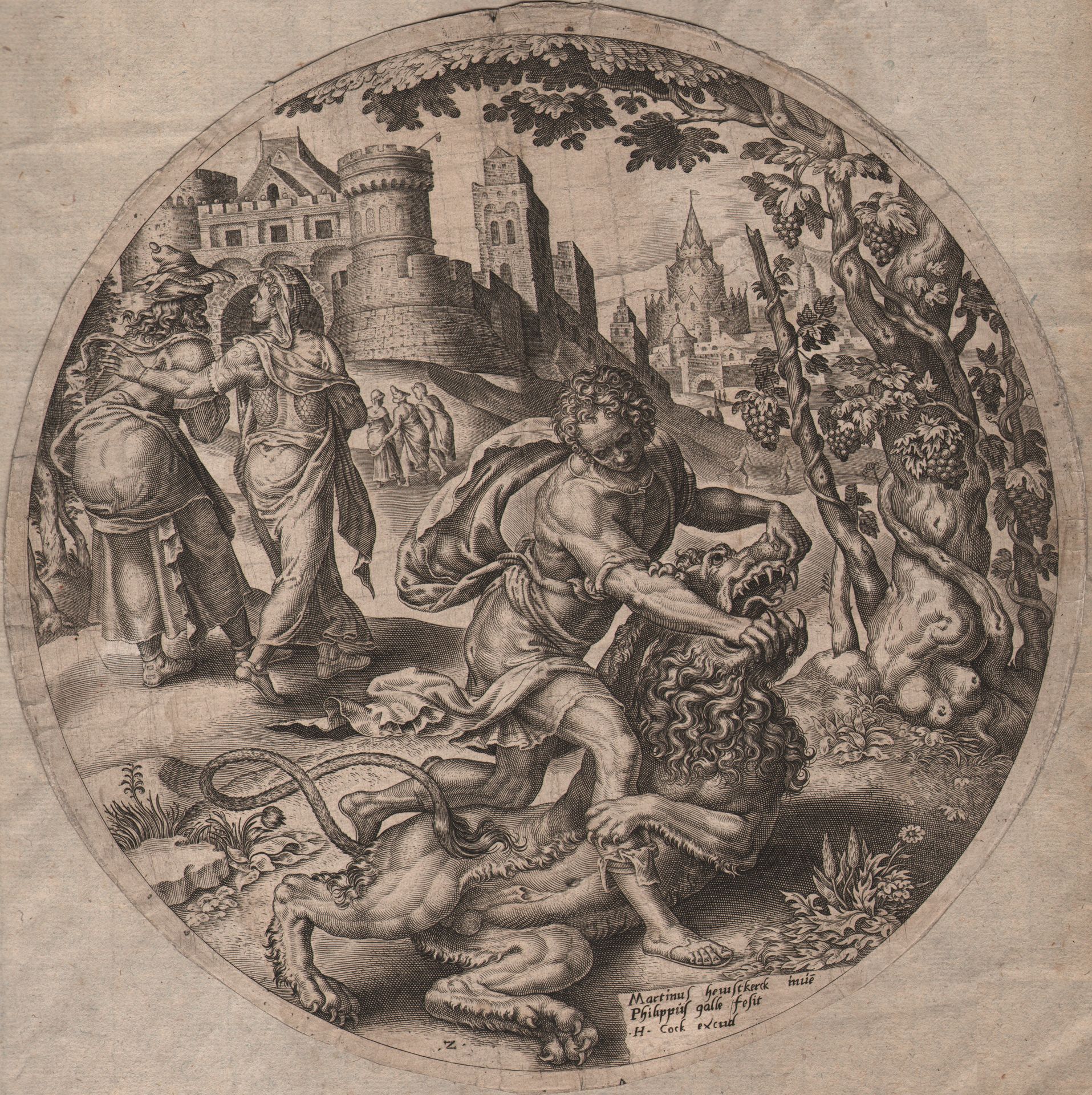 Philips Galle (1537-1612) 飞利浦-加勒（1537-1612）--参孙与狮子的搏斗/描述。 这是由H.Cock出版的第一种状态。参孙的故&hellip;