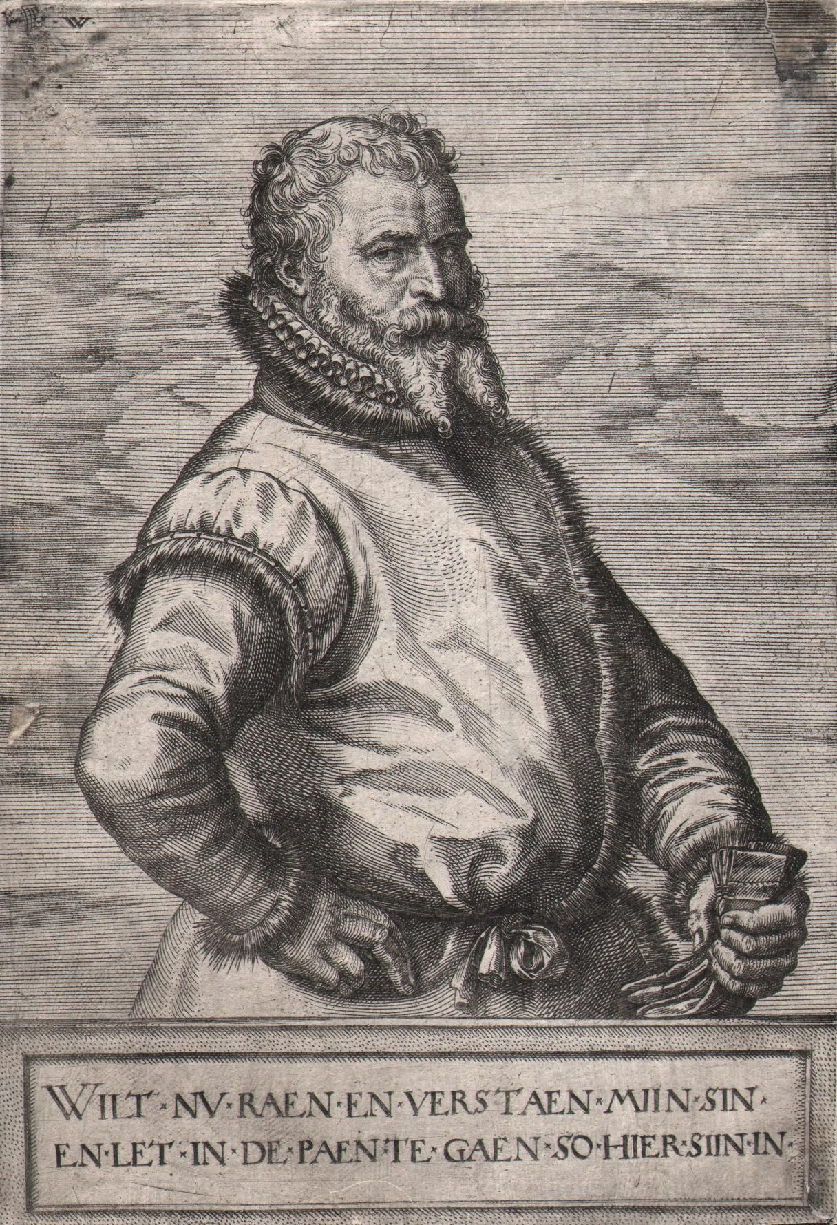 Johannes Wierix (1539 - 1620) 琼-维里克斯-扬-巴普蒂斯-霍瓦特/描述。 男子，身高四分之三，站立，面向右边，拿着一副手套，左手放&hellip;