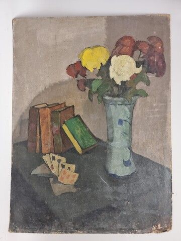 Null Henri GUILLOT (1895-1982). Nature morte au vase de fleurs, aux livres et au&hellip;