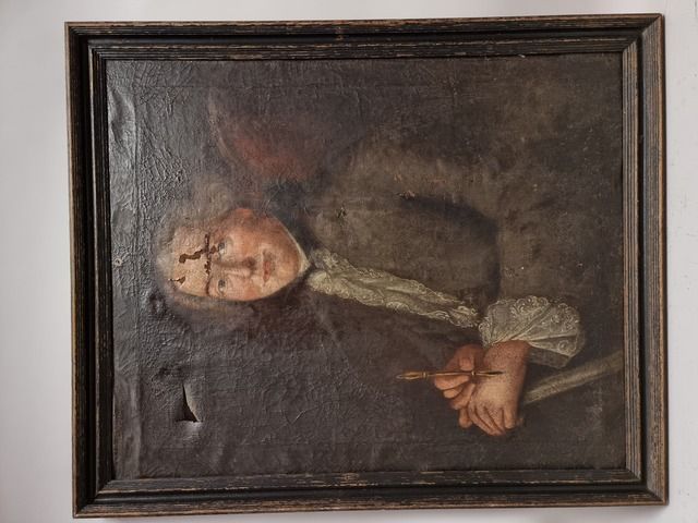 Null 德国学校 十八世纪。一个男人在他的橱柜前的画像。布面油画（意外）。76,5 x 62 cm