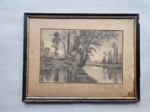 Null Ecole française XIXème. L'étang. Fusain. 27,5 x 42 cm