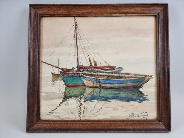 Null Marcel BRIMEAU (1889-1990). Bateaux de pêche à Audierne, 1933. Aquarelle si&hellip;