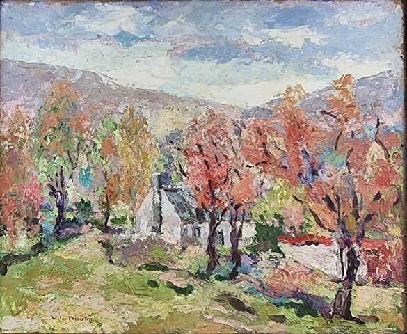 Null French school XXth century. Mountain landscape in autumn. Oil on isorel, be&hellip;