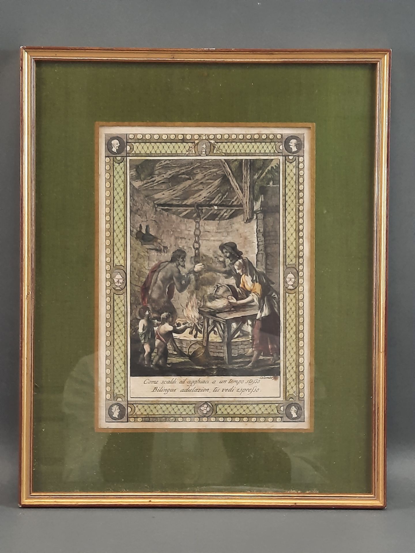 Null 伊格纳西奥-科隆博，1810年左右活跃在威尼斯。一对描绘风俗场景的蚀刻版画和带水彩亮点的錾刻版画。22 x 15厘米