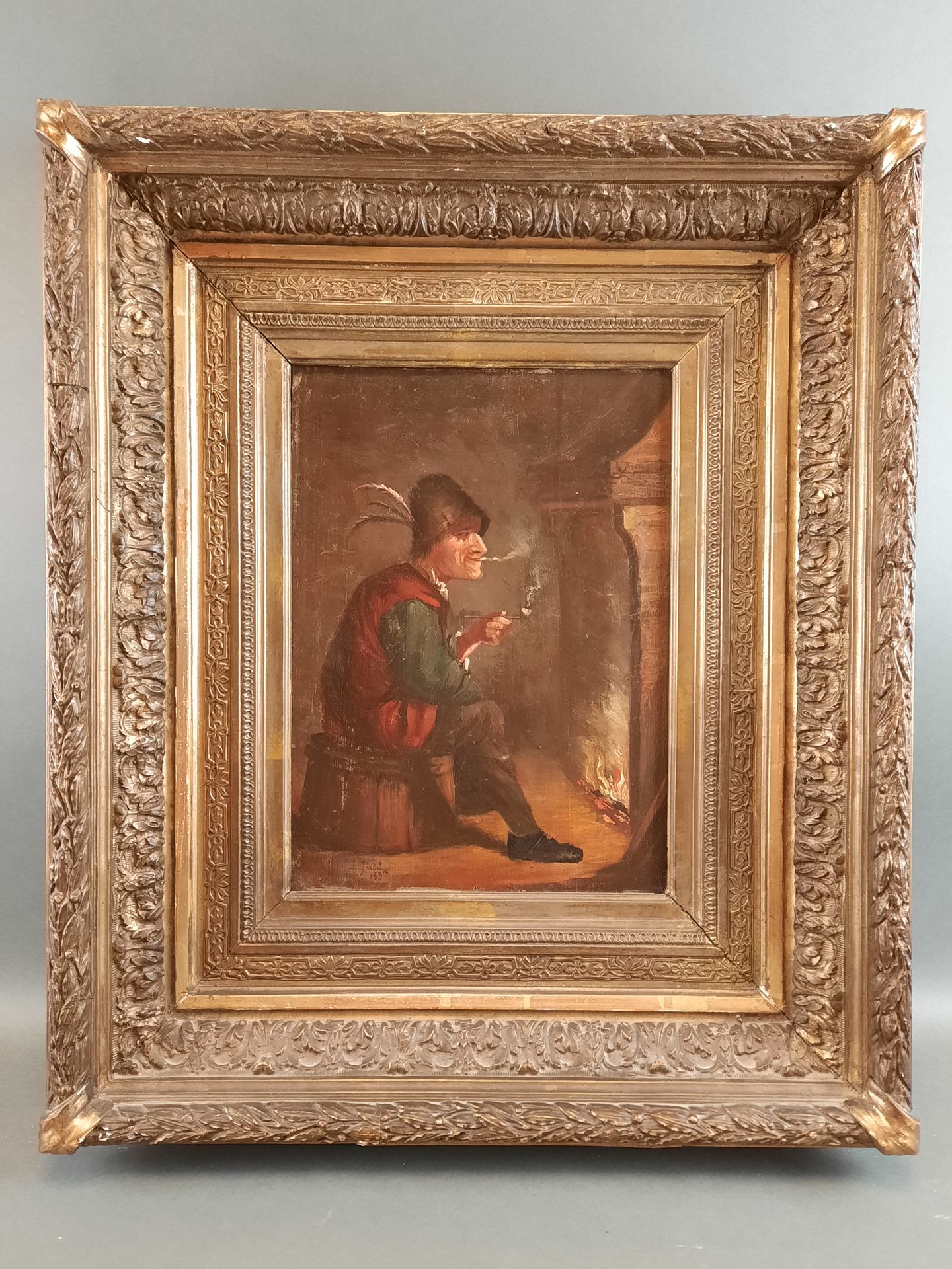 Null L. JARDEL，19世纪。David Téniers品味中的烟草店场景，1883年。板面油画，左下方有签名和日期。33 x 23 cm