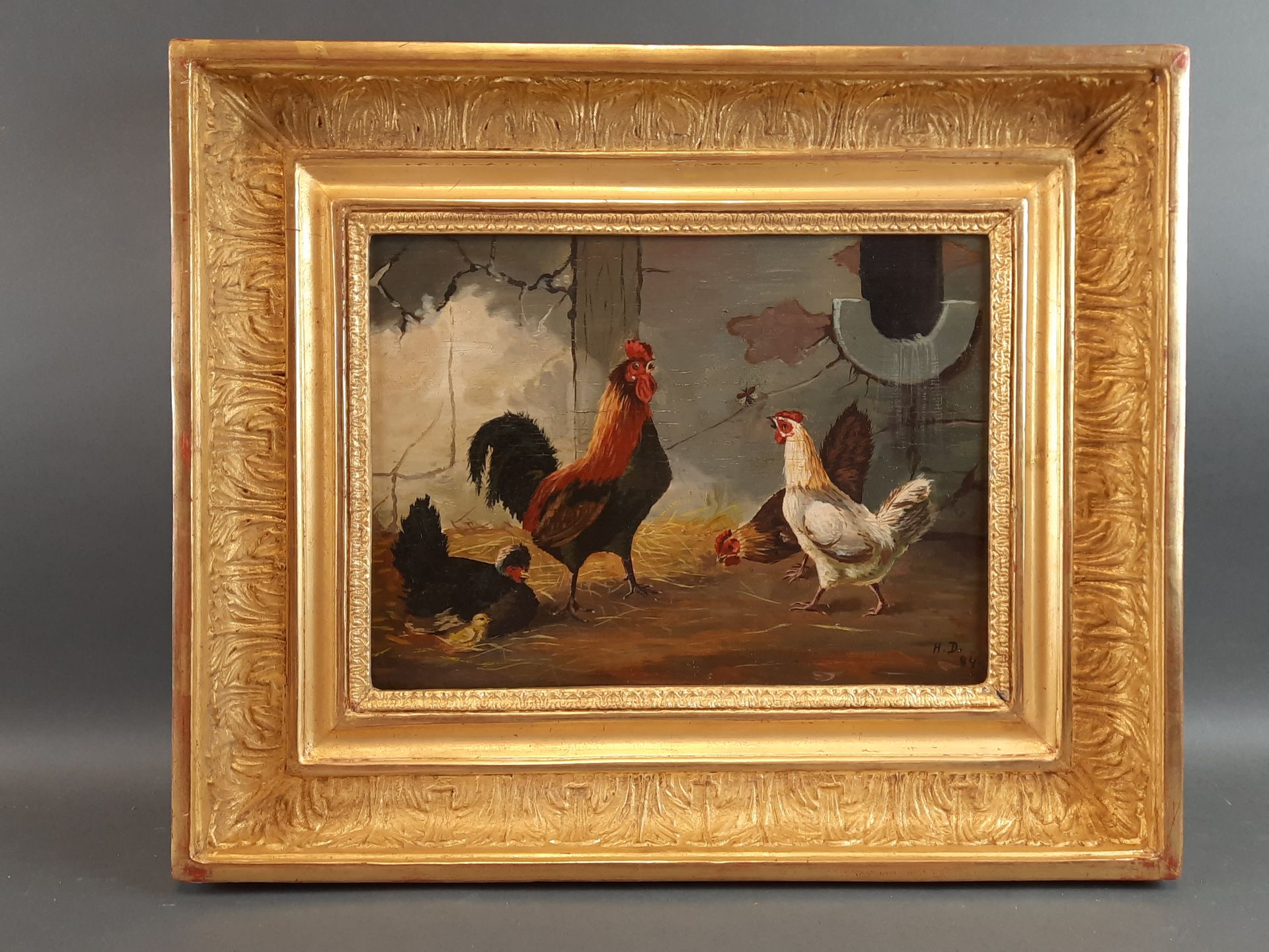 Null 19世纪末的法国学校；公鸡和母鸡。板面油画，有H.D.字样，日期为84年，25 x 34 cm

鉴定：巴黎SASU Expertises Telli&hellip;