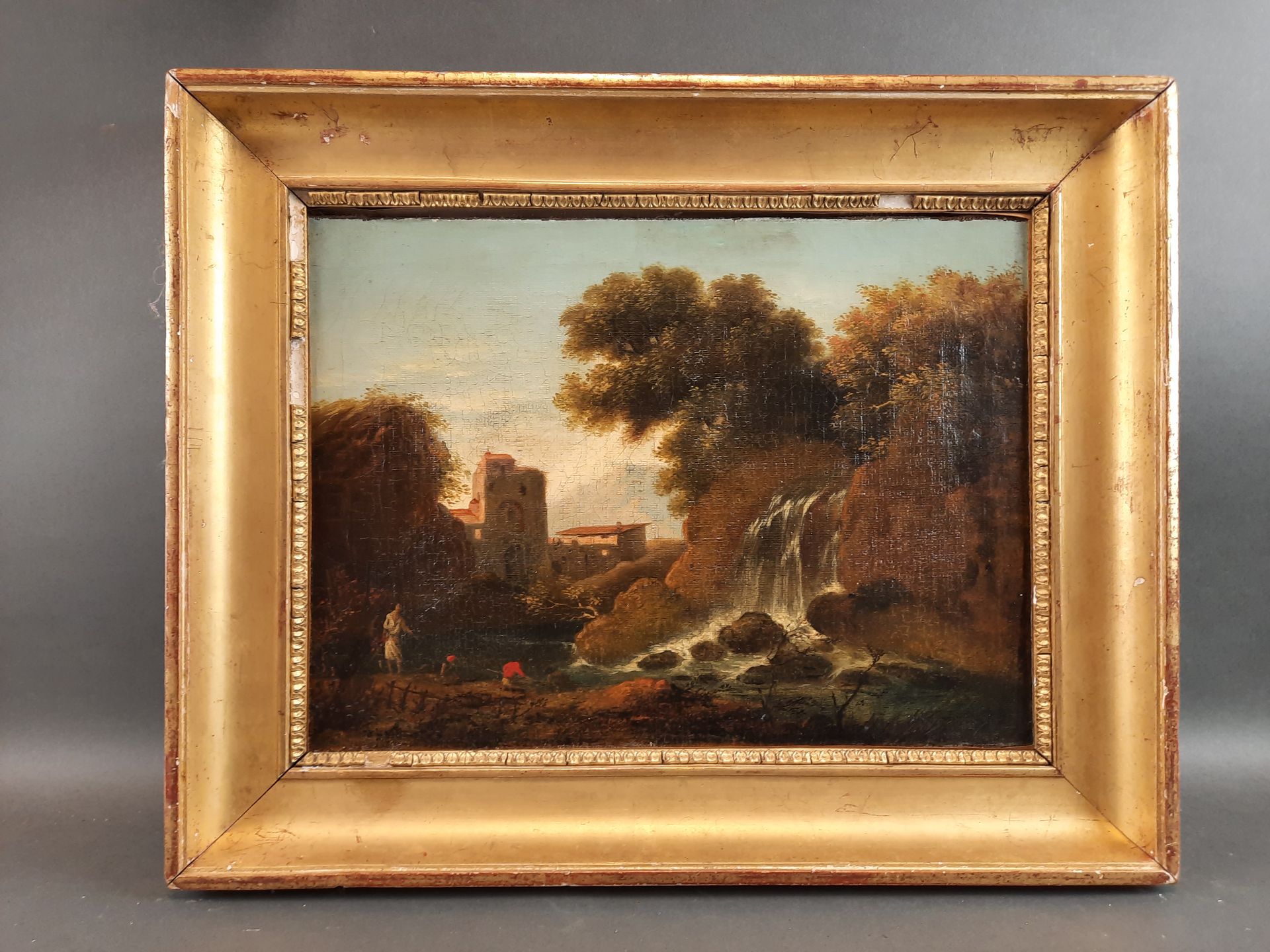 Null 18世纪法国学校的作品，具有弗拉戈纳尔的风格。意大利的动画瀑布。布面油画，26 x 36厘米