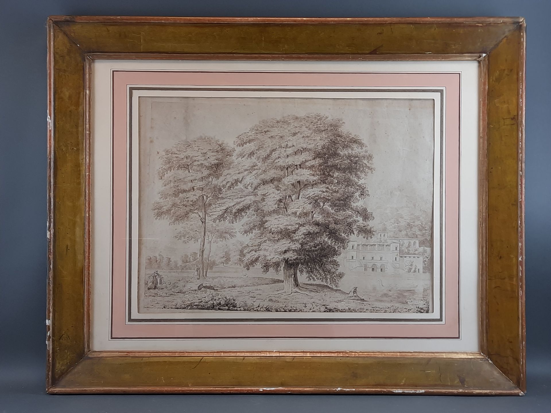Null 19世纪初的法国学校。活泼的意大利景观，有帕拉迪奥式的别墅和大树。钢笔、墨水和水墨。38 x 52 厘米