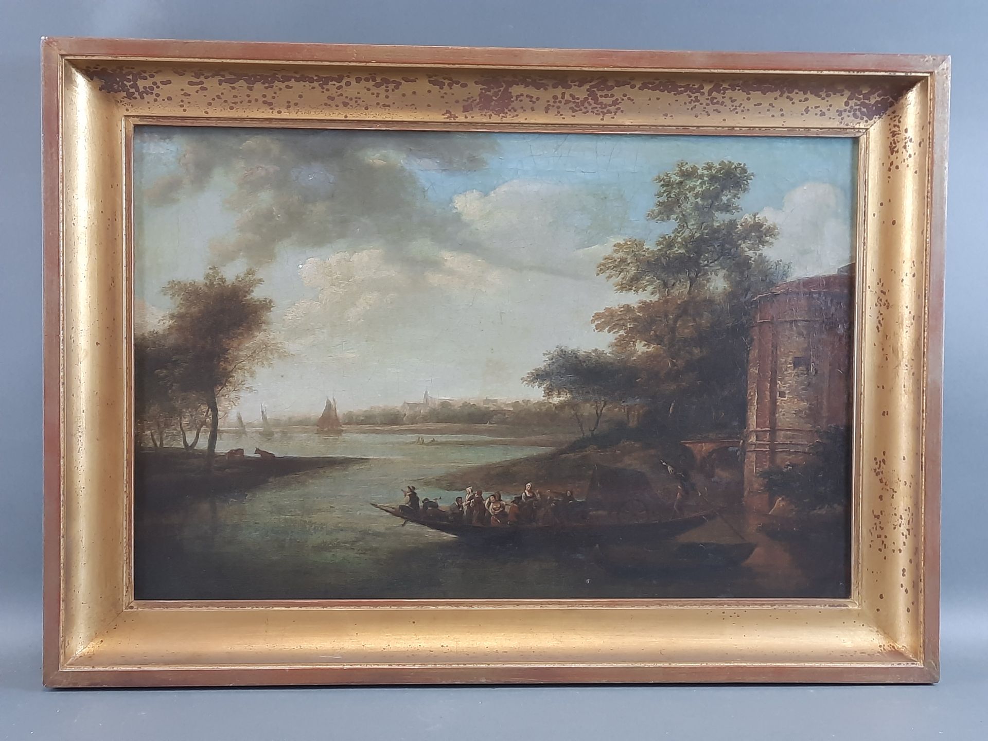 Null Nel gusto del XVII secolo olandese. Il traghetto. Olio su tela. 32 x 48 cm