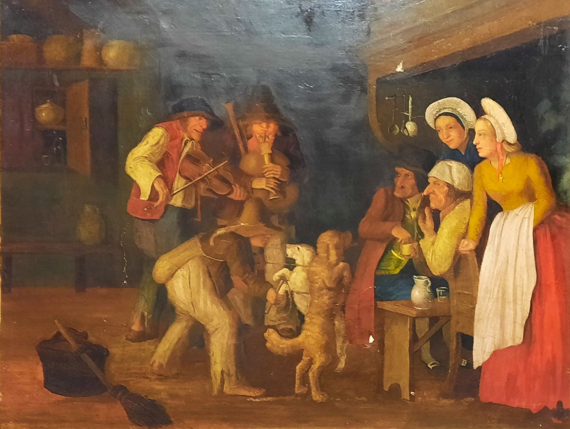 Null 荷兰学校，约1800-1820年。音乐家跳舞的狗。布面油画。64 x 80厘米（事故和丢失的油漆）。