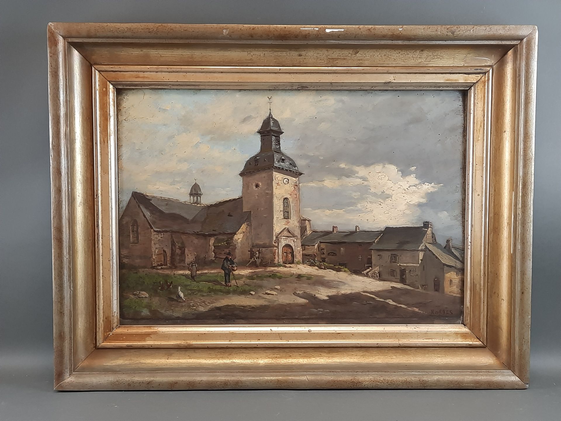 Null Aristide ROBBES, XIX-XX secolo. La chiesa in campagna. Olio su tavola firma&hellip;