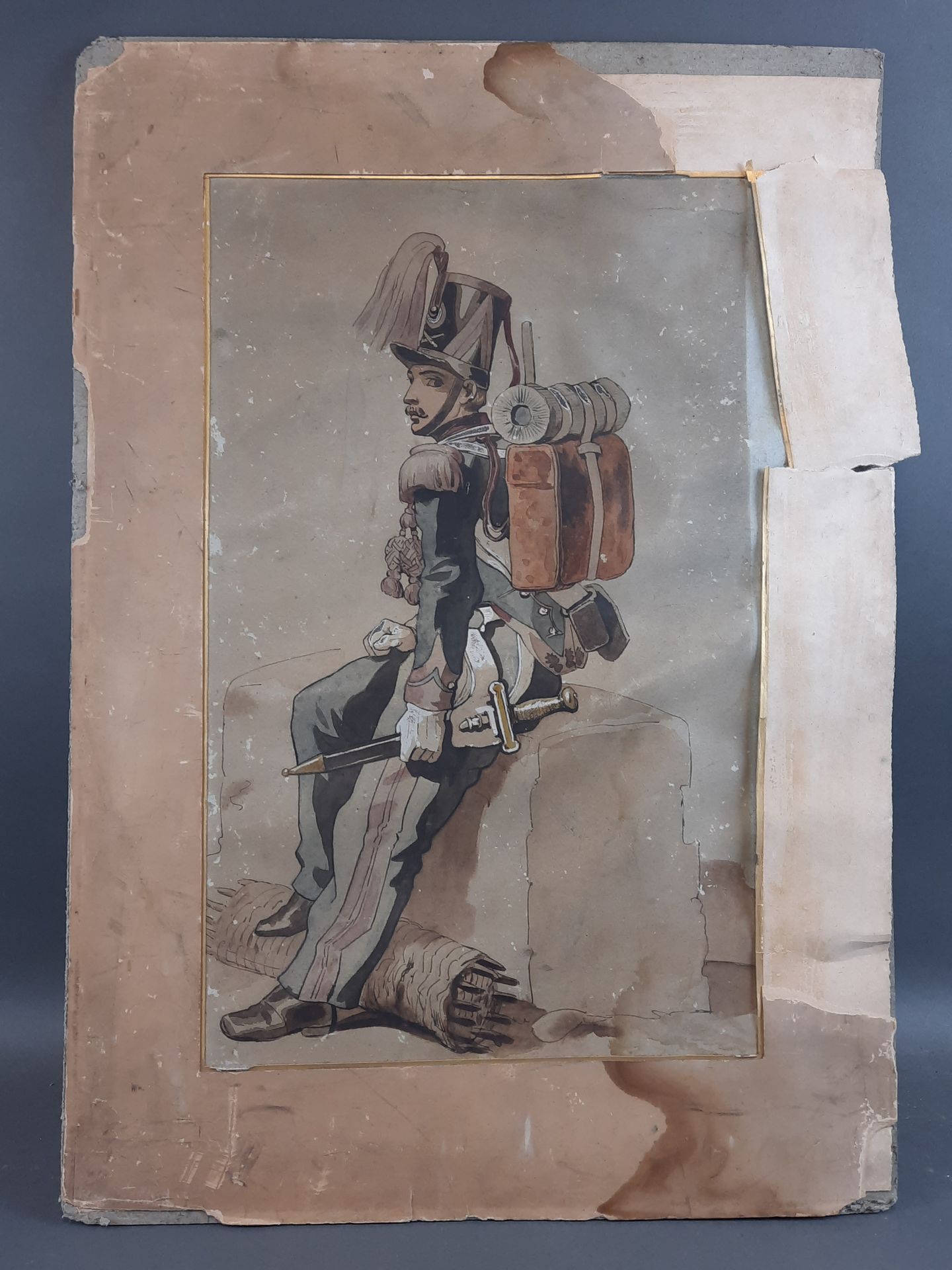 Null Scuola francese del XIX secolo. Il granatiere. Acquerello. 41 x 25 cm