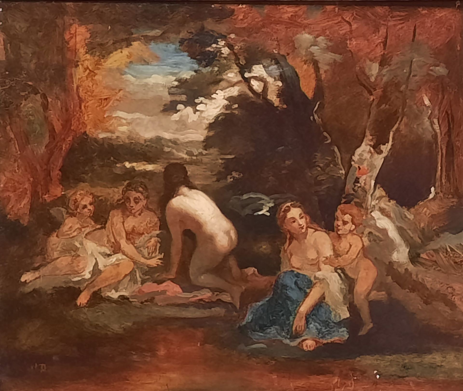 Null 纳西斯-迪亚斯-德拉佩纳（1807-1876）的周围环境。空地上的沐浴者。布面油画，有 "ND "字样。47 x 55厘米。