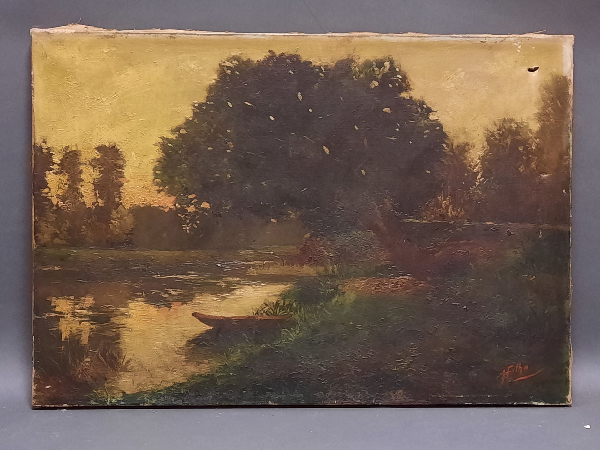 Null 亨利-菲尔霍（1876-1949）。池塘上的夕阳。油画，右下角有签名。37,5 x 55 cm