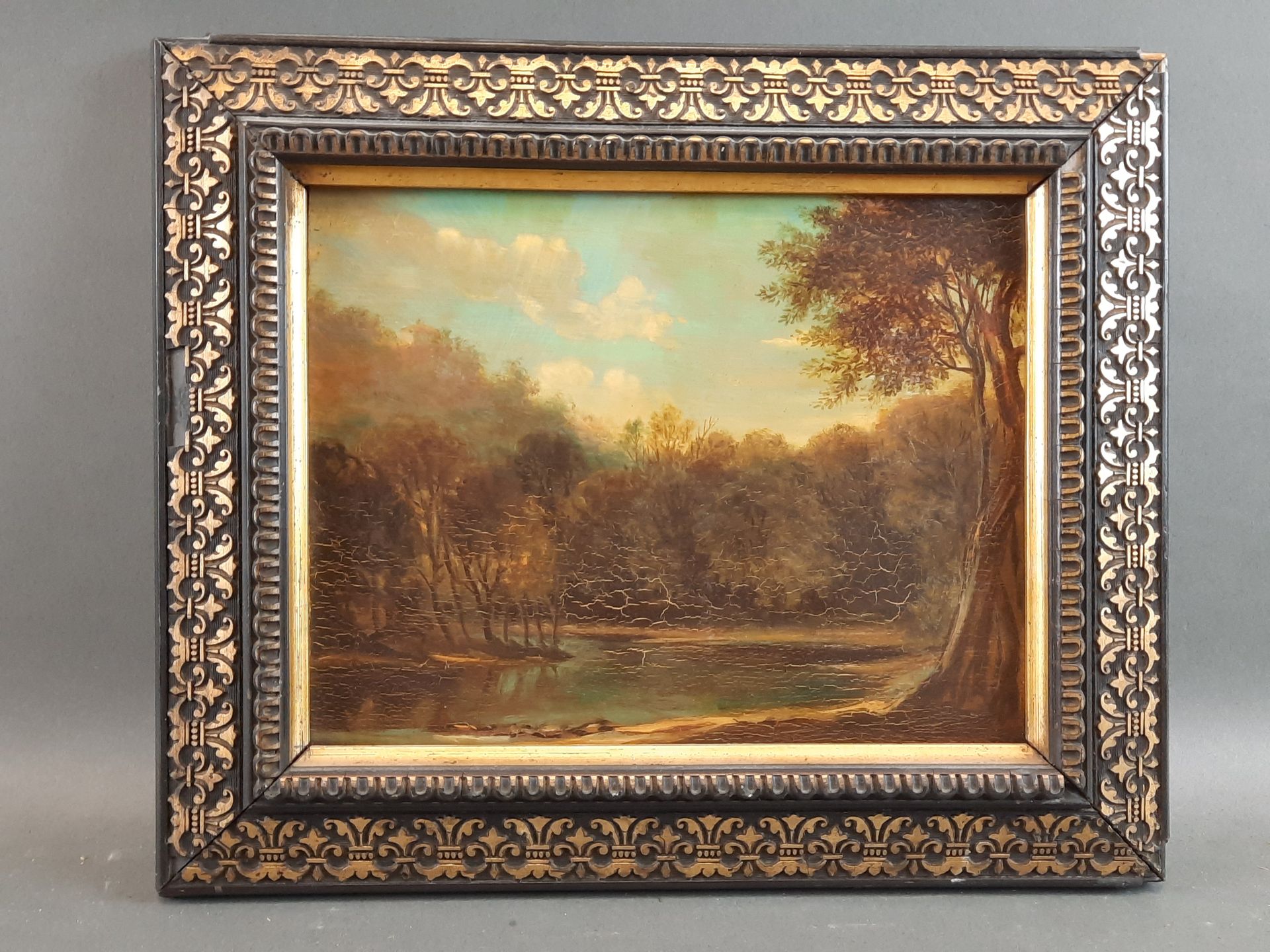 Null 法国学校 十九世纪。河流景观。橡木板上的油画。17 x 21,5 cm
