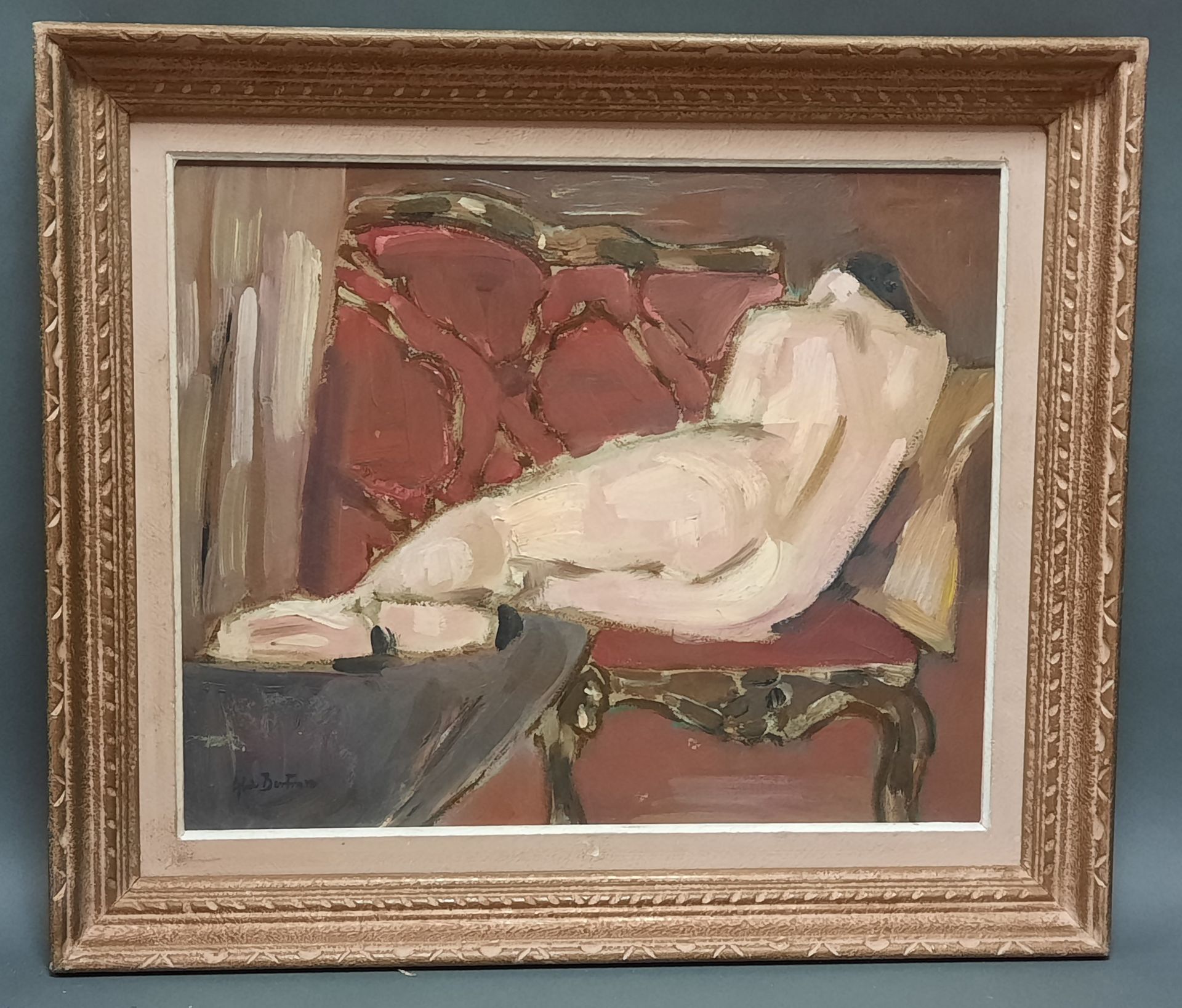 Null 阿贝尔-贝尔特姆（1871-1954）。裸体躺在地上。木板油画，左下方有签名。38 x 46 厘米
