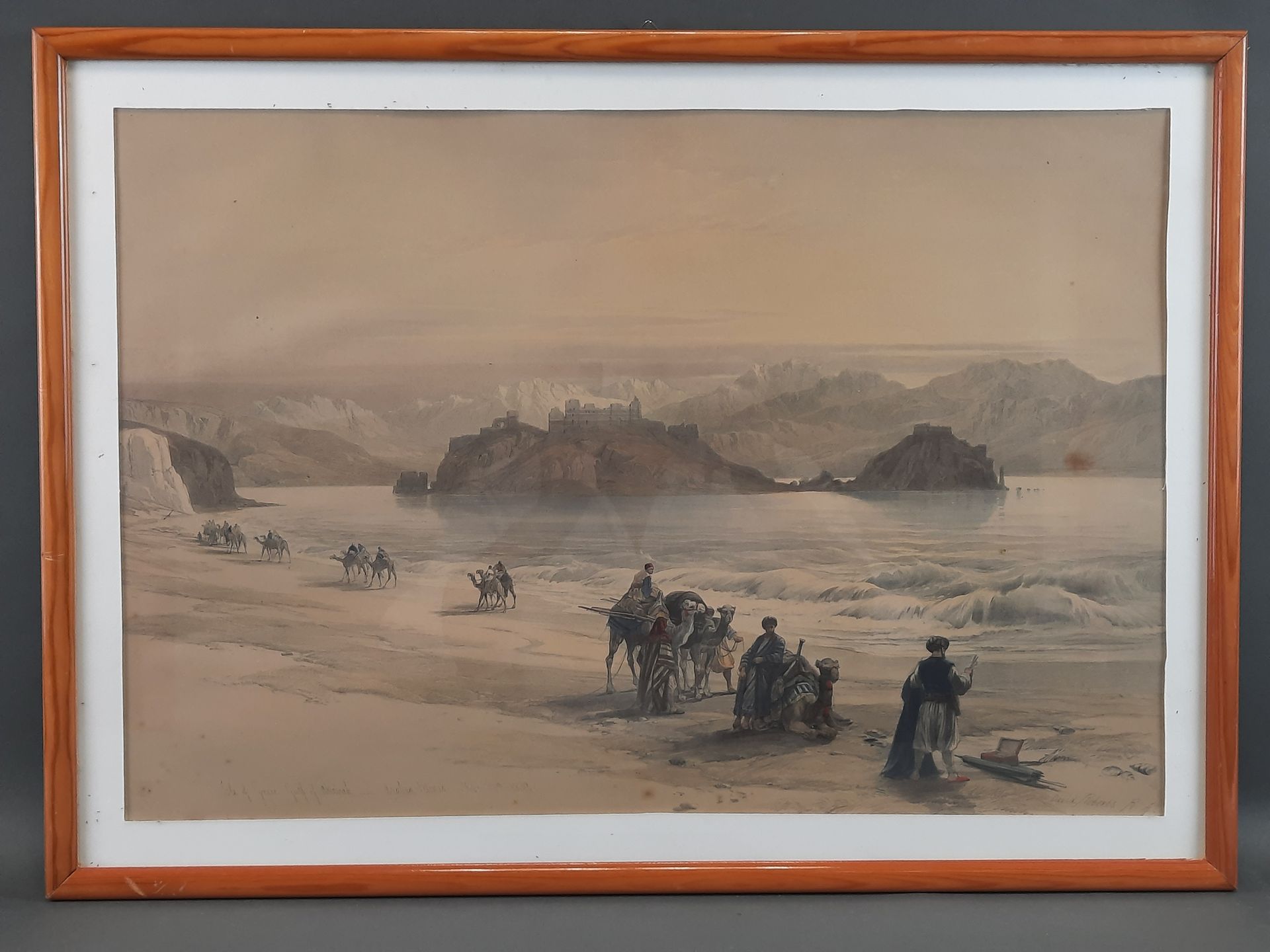 Null 大卫-罗伯茨（1796-1864）。阿拉伯湾中的格劳岛。水彩石版画。33 x 50 cm // 一对仿照BARRABAND制作的鸟版复制品