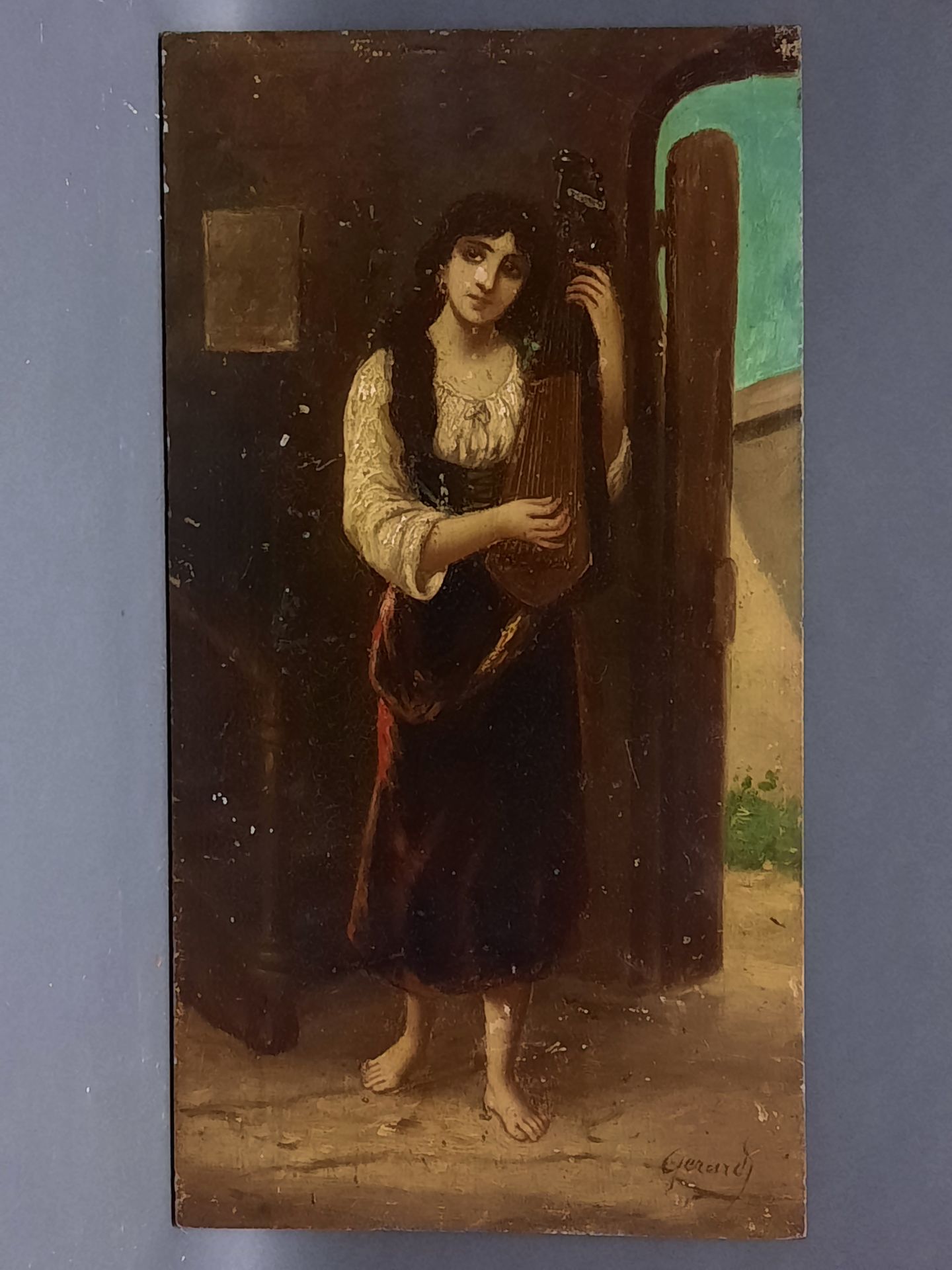 Null GERARD，东方学派 19世纪。一个音乐家弹奏古筝的肖像。右下角有签名的板面油画。41 x 22 cm