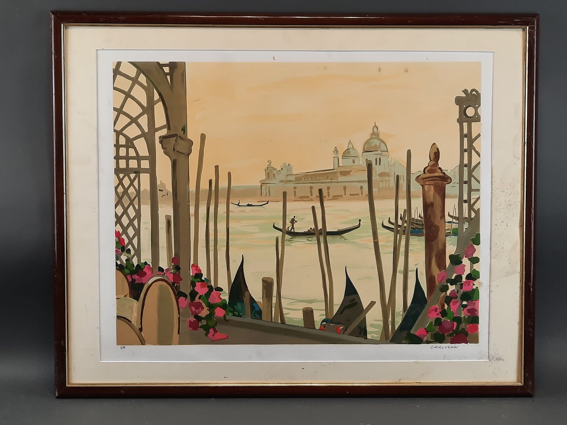 Null 让-克劳德-卡尔苏赞（生于1938年）。威尼斯大运河的入口处有海员和礼炮。石版画上有签名，艺术家的证明上标有EA。47 x 59 厘米