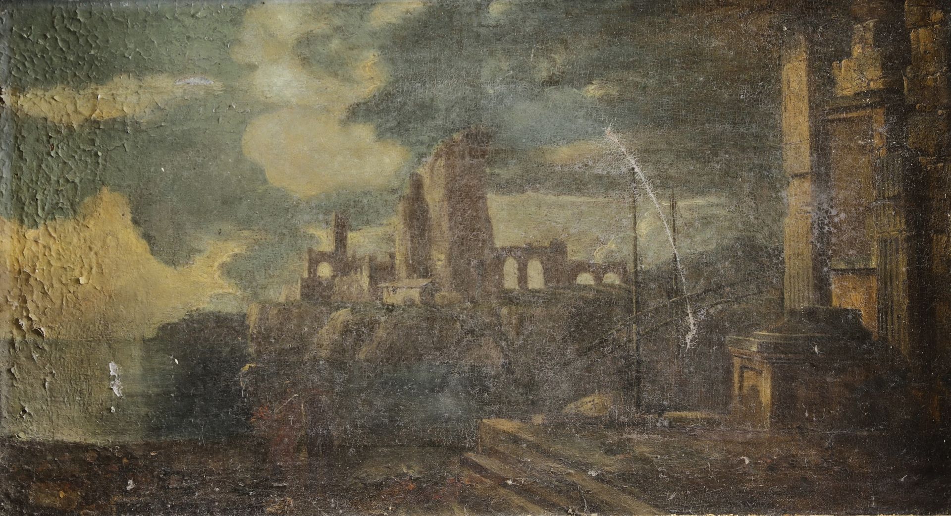 Null 罗马学校，17世纪。海景与废墟。布面油画。34 x 60 cm (已损坏，待修复)