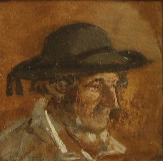 Null 十九世纪的法国学校。带帽子的人。布面油画，装在面板上。11 x 11 cm