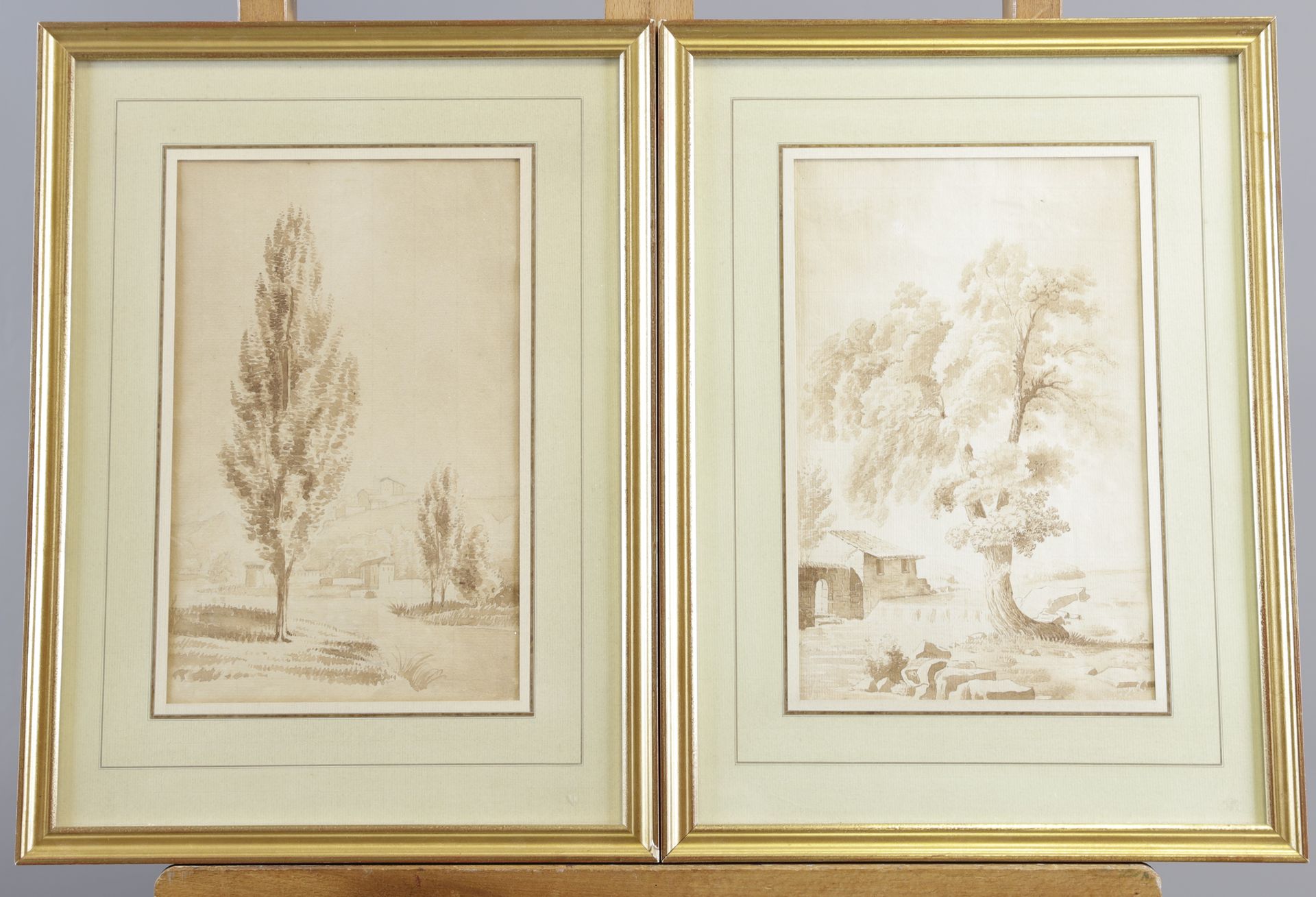 Null 意大利学校，约1830-40年。白杨树。河边的树。30 x 19 厘米